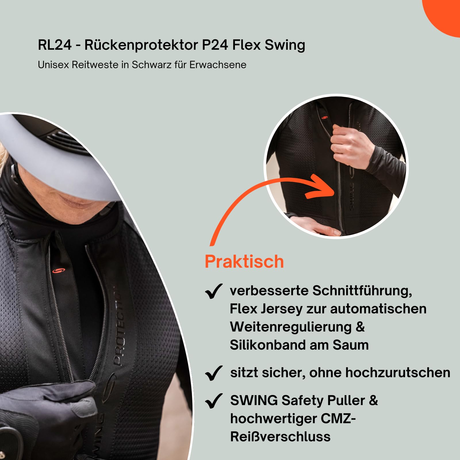 RL24 - Rückenprotektor P24 Flex Swing – Protektorenweste – Reiter Schutzweste – atmungsaktiv & leicht – automatische Weitenregulierung – Unisex Reitweste in Schwarz für Erwachsene