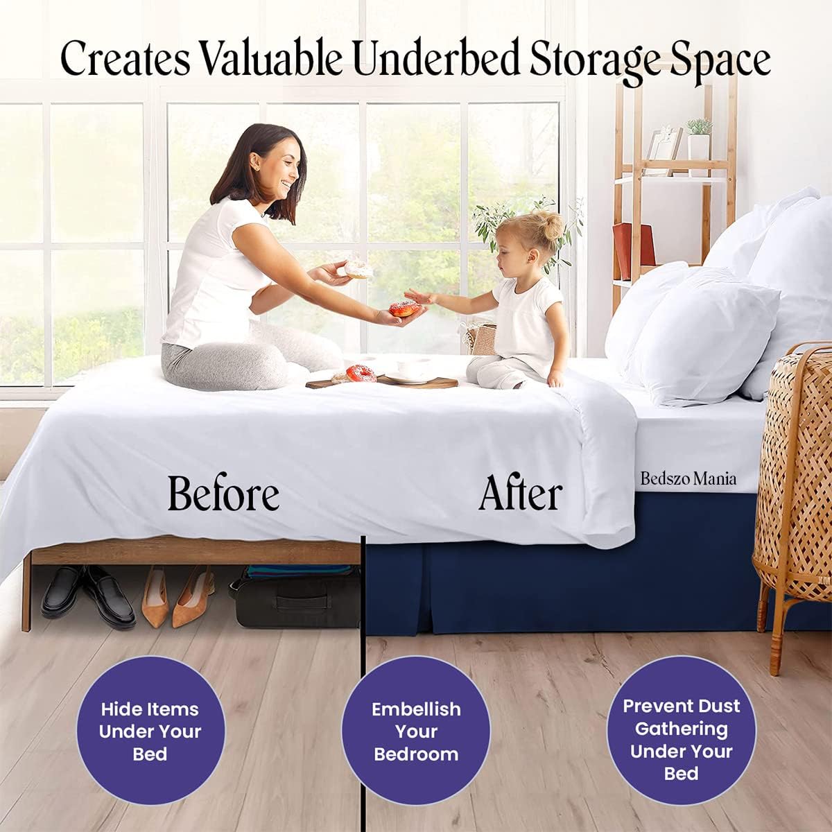 Box Pleated Bed Skirt 11 Inch Drop Queen Size Navy Blue Color Bed Skirt Split Corner Pleated Style Easy Fit Easy Care Fade & Wrinkle Resistant-100% Microfibre Made