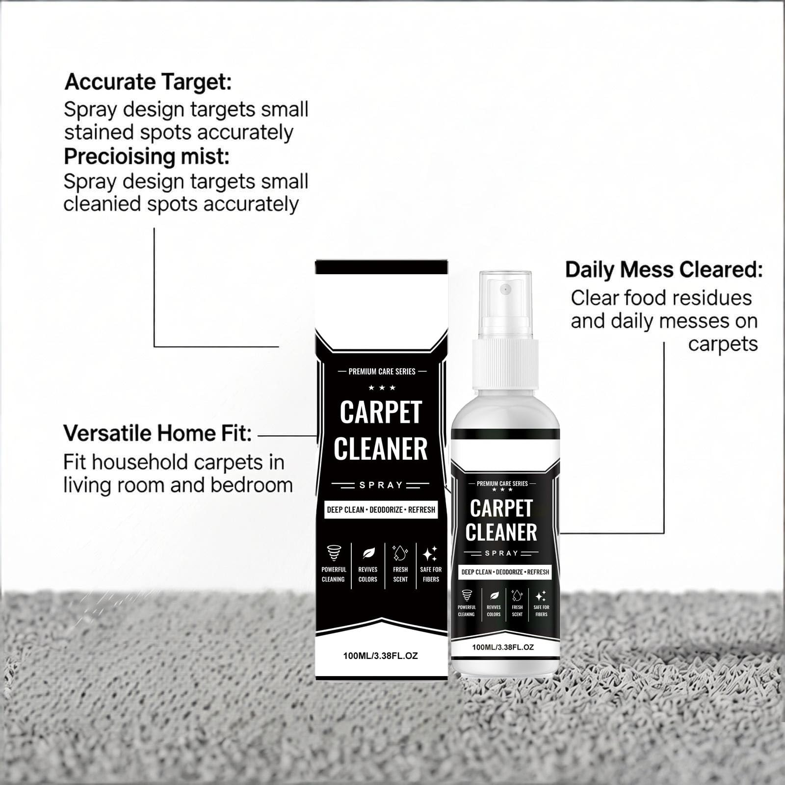 Teppichreinigungsspray 100ml, Fleckenentferner für Teppiche und Polster, schäumendes Reinigungsspray mit tief eindringender Formel, entfernt Schmutz und trockene Flecken aus Fasern (9PCS)