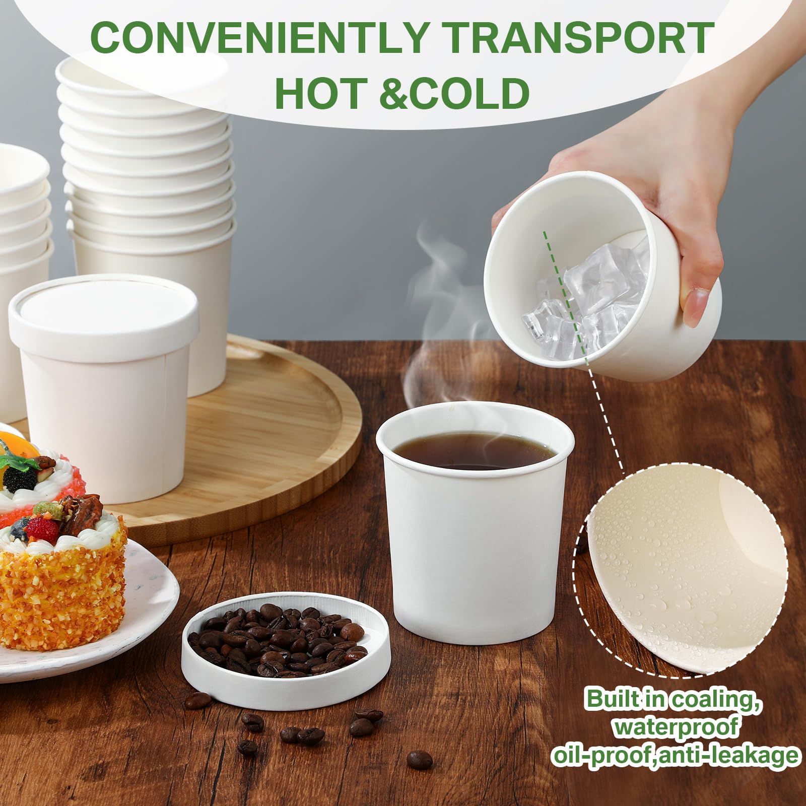 Irenare Set di 200 tazze usa e getta da 350 ml, con coperchio ventilato, per gelato, zuppe calde, contenitori per alimenti in carta, per il giorno del Ringraziamento, dessert, yogurt (bianco)