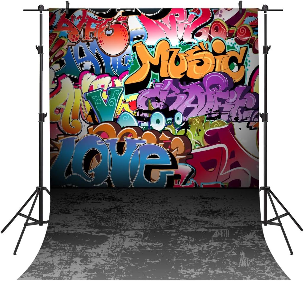 6x9ft Graffiti Wall Backdrop, Vinyl Gray Floor Background, 80s 90s Theme Party Photo Studio Props Hip Hop Banner BJLSPH369