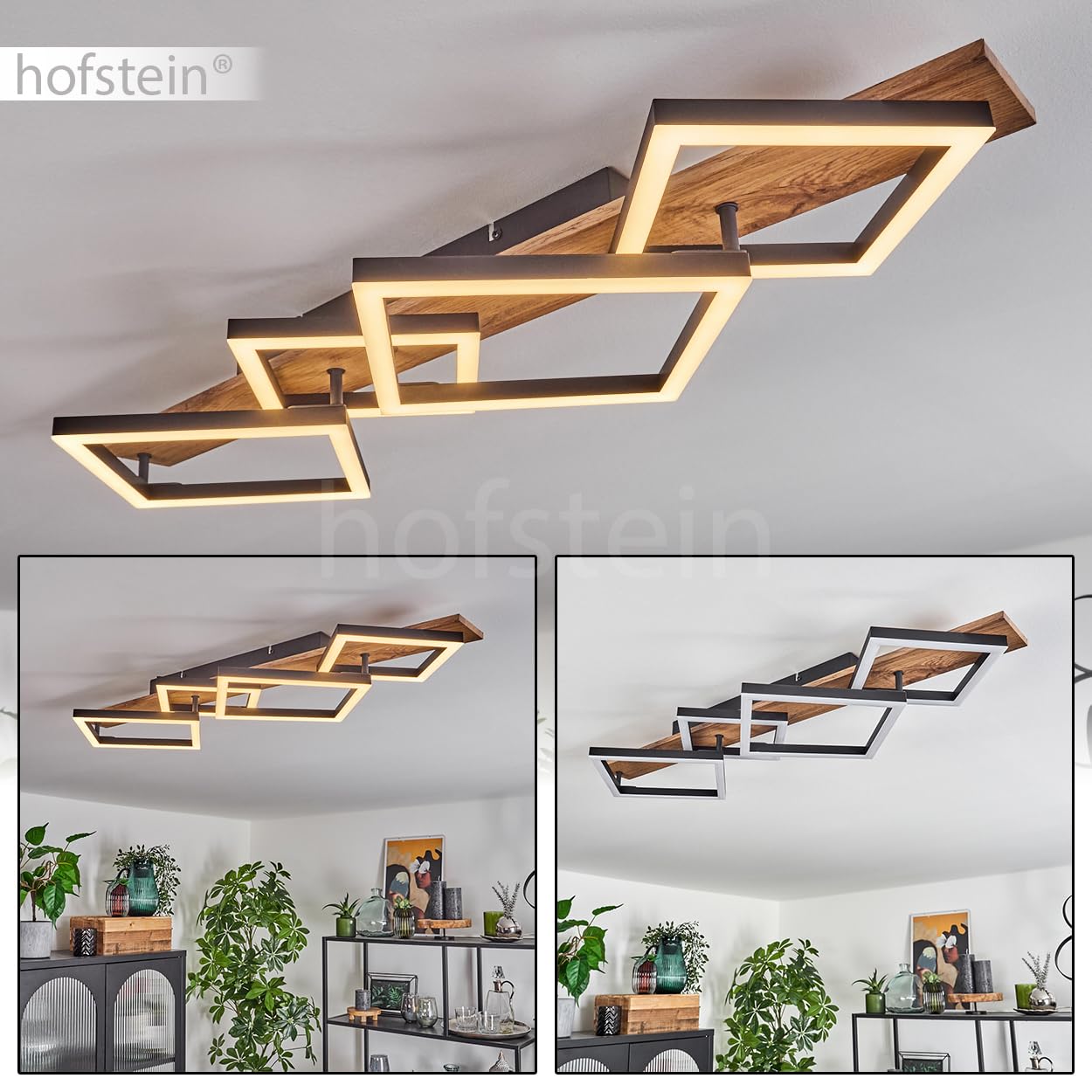Lampa sufitowa LED Cascada, nowoczesna lampa sufitowa z metalu/MDF/tworzywa sztucznego w kolorze czarnym/drewno/białym, 4-żarówkowa, 30 W, 3350 lumenów, 3000 K