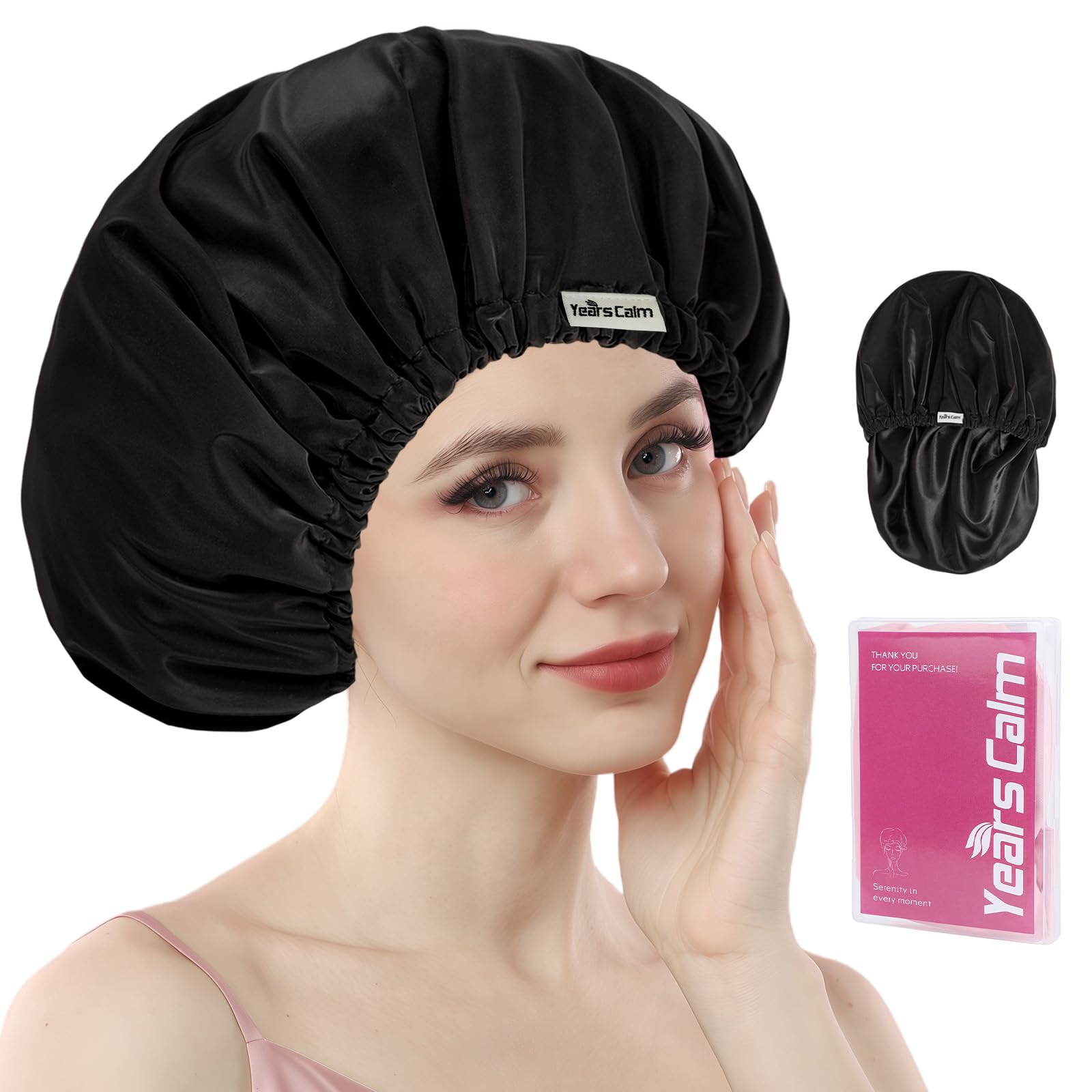 Years calm Bonnet de douche réutilisable, imperméable, double couche pour femme, avec bande élastique, idéal pour la douche, le spa, les voyages et le nettoyage (noir, taille unique)