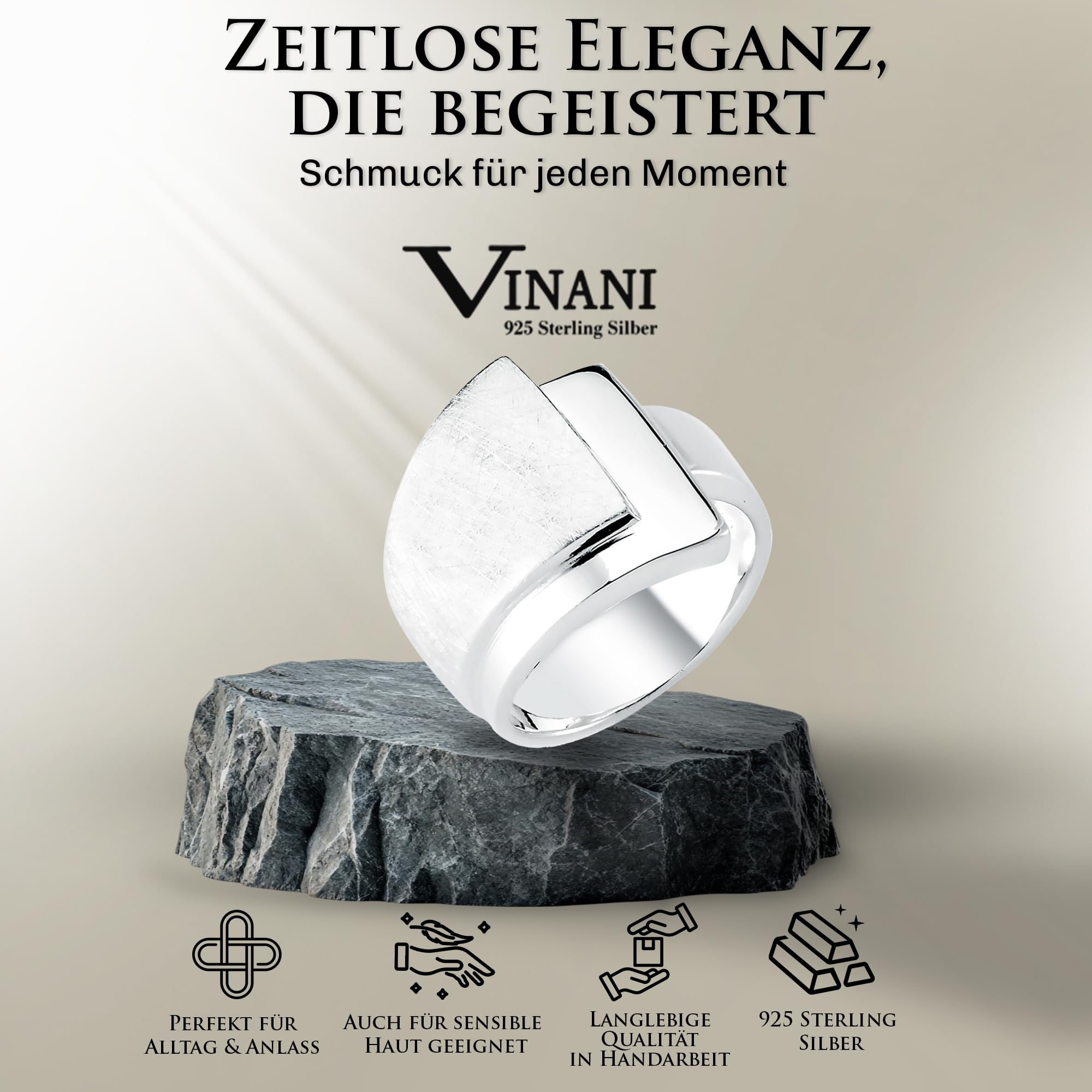 Vinani Damenring, 925 Sterling Silber – Schichten-Design mit 3 Ebenen, gebürstet und poliert, breites massives Band, handgefertigter zeitloser Schmuck für Damen