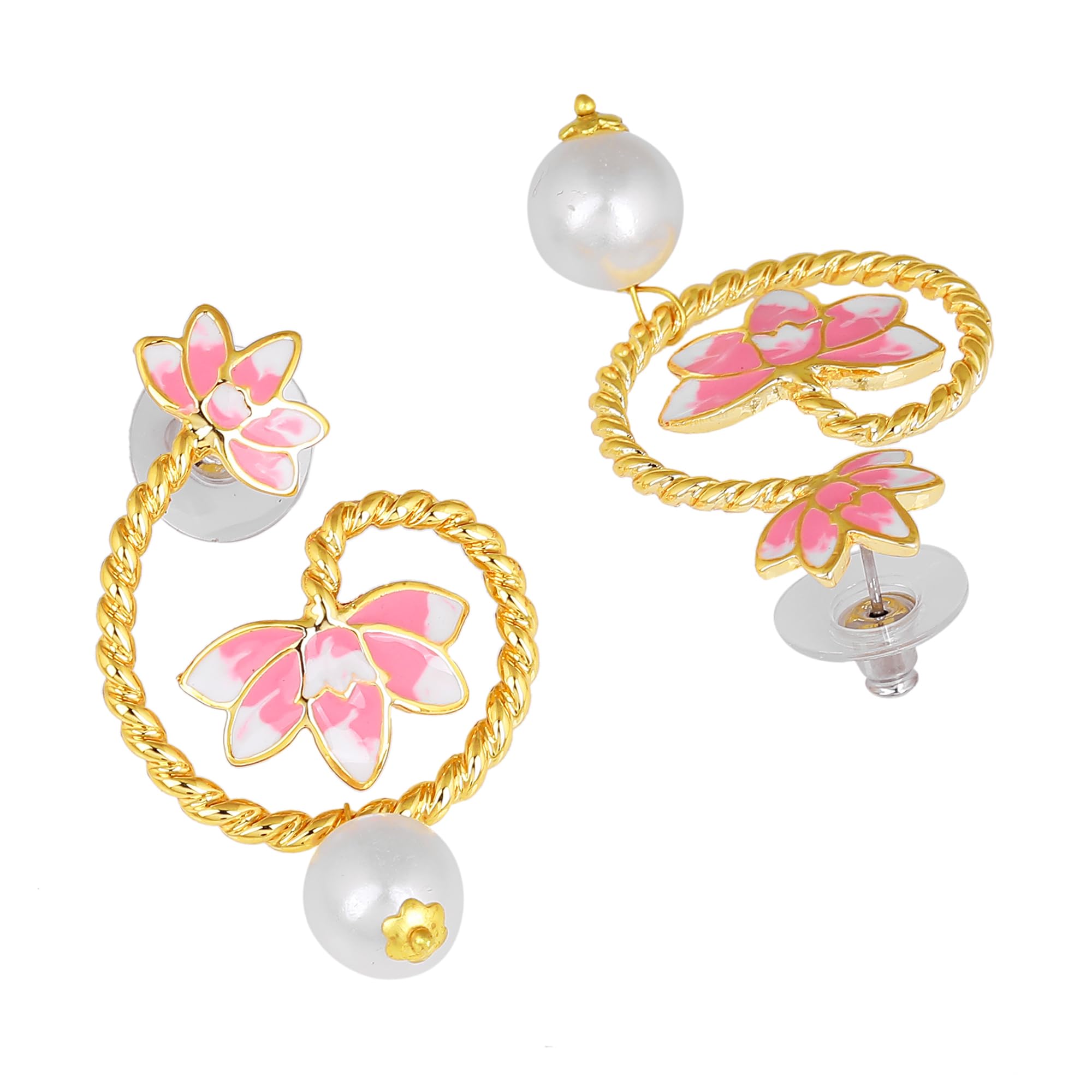 Enamelled Lotus Pearl Drop Earrings