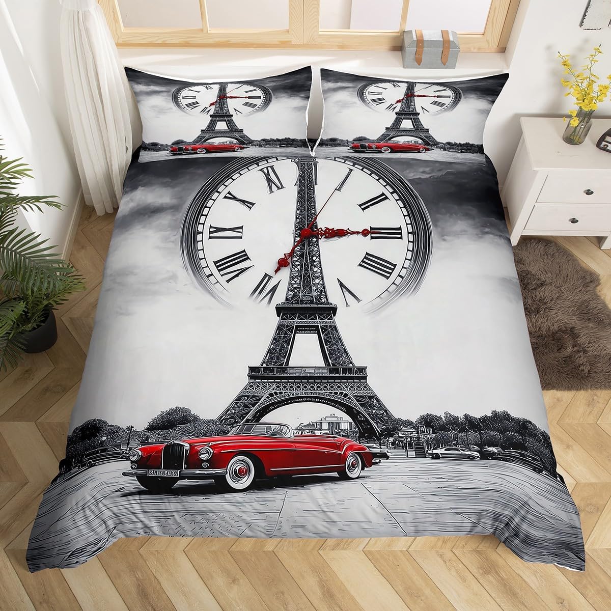 Erosebridal Eiffel Tower Comforter Cover Paris France Duvet Cover King Size for Kids Boys Girls Teens Retro Truck Clock Quilt Cover City Building Automobile Bedding Set Stylish Decor, Grey