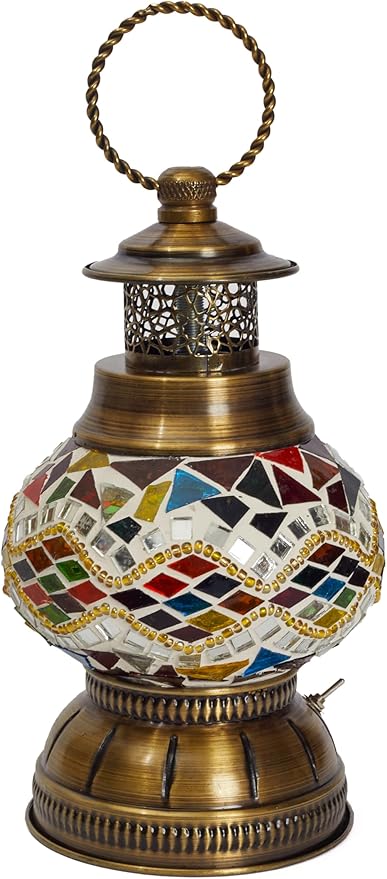 anatolian glow Portable Turkish Mosaic Lamp – Handmade Tiffany-Style Glass Light with Bronze Base and LED Bulb – Battery Powered Bedside Decor Lamp (Yellow Bead Pattern) – Globe Size 6.5"