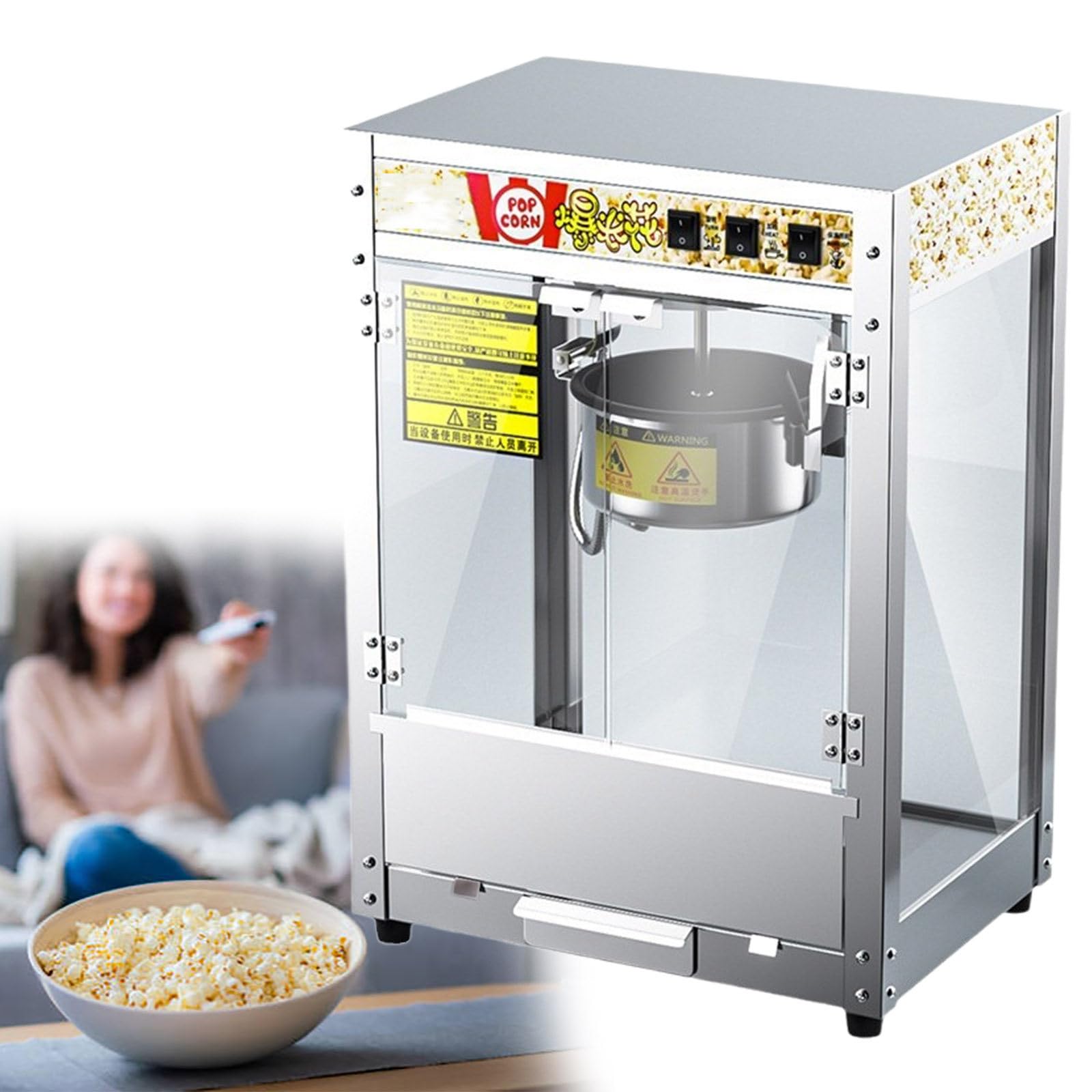 Máquina Comercial para Hacer Palomitas de Maíz, 1250 W, para Encimera, con Control de 3 interruptores y Marco de Acero, Puertas de Vidrio Templado