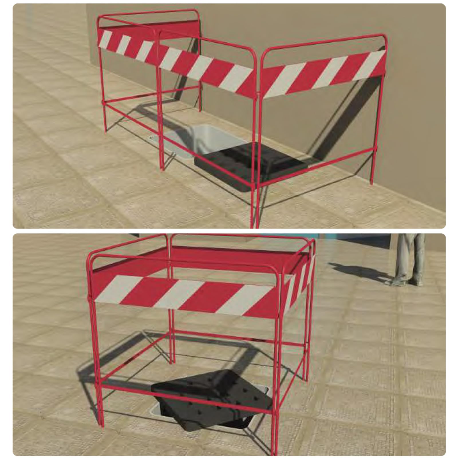 Barriera di recinzione stradale per chiusini tipo quadilatero strisce bianco rosse 100x100 cm certificata classe 1 fig.402