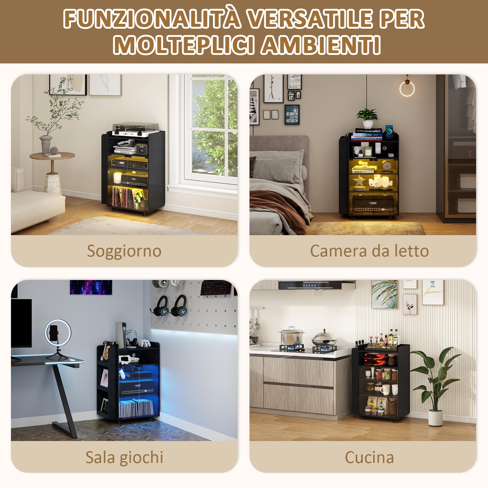 YU YUSING Vetrina Espositiva con LED per Vinili e CD, Mobile Espositivo con Porta Vinili a 5 Ripiani, Mobile Giradischi Porta CD, Presa di Corrente Integrata e Ruote, Giradischi, lettore DVD, Nero