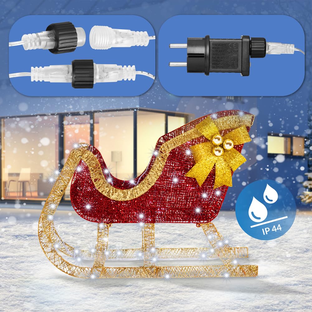 BAKAJI Renna Natalizia Luminosa XXL con Slitta per Esterno con 8 Funzioni di Luce, Decorazione Natalizia 120 cm Altezza, Decorazioni Addobbi LED di Natale per Giardino (Bianco Freddo)