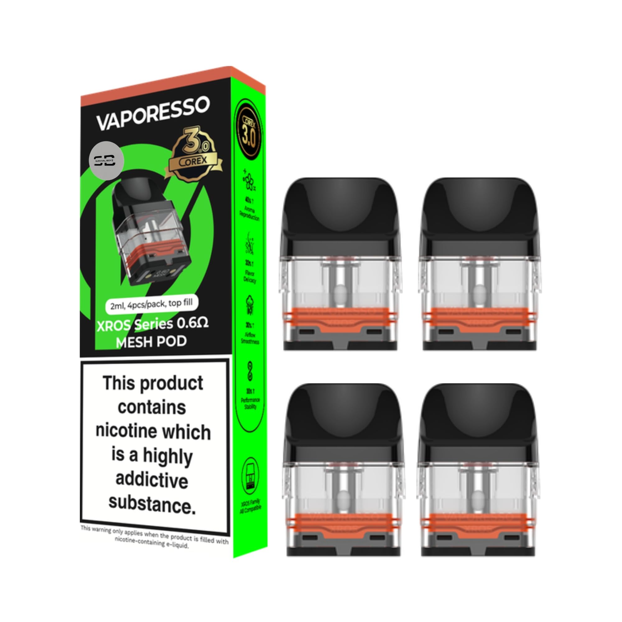 Vaporesso Xros Corex Pods 3.0 [0.6] - 4 Pack - Available in  0.4,0.6,0.8,1.0,1.2 - Compatible With Full Vaporesso XROS Vape Kit Range -  No Nicotine: Amazon.co.uk: Electronics & Photo