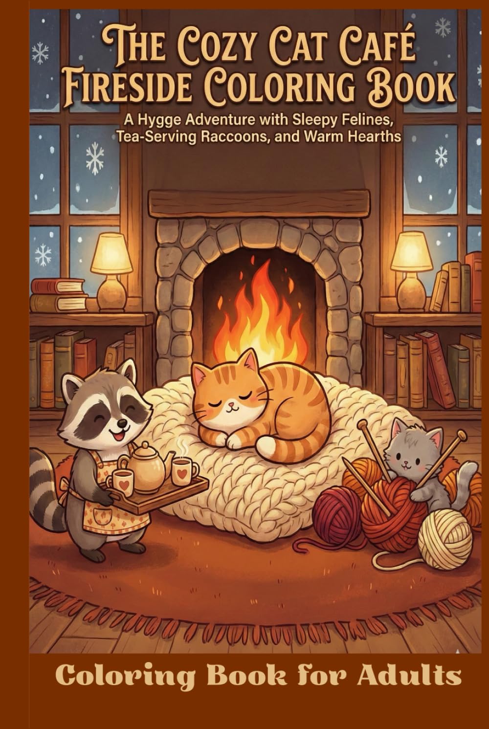 The Cozy Cat Café Fireside Coloring Book: Adult Relaxation with Sleepy Felines and Friends: A Hygge Adventure with Kawaii Cats, Tea-Serving Raccoons, and Knitting Kittens in Warm, Rustic Settings