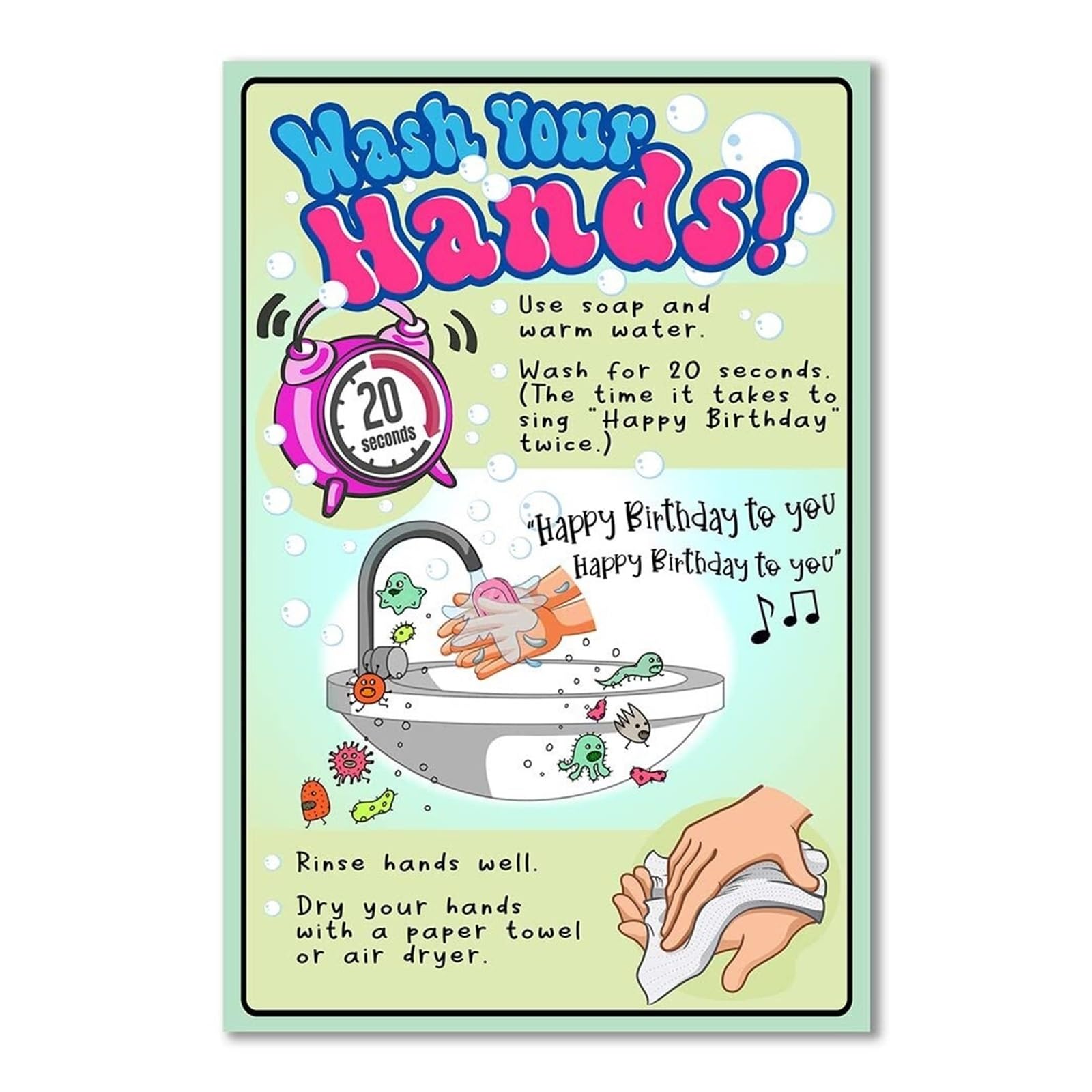 PIUHRKLEVD Classroom Hand Washing Poster Educational Bathroom Sign for School Daycare Hygiene Reminder(Unframed,08x12inch(20x30cm))