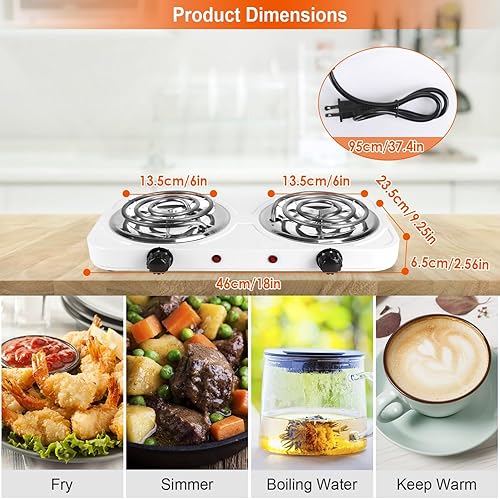 Miniatura 5 de iMounTEK Estufa eléctrica para cocinar de 2000 W eléctrica de doble quemador con bobina de calefacción, estufa de placa caliente, encimera RV con