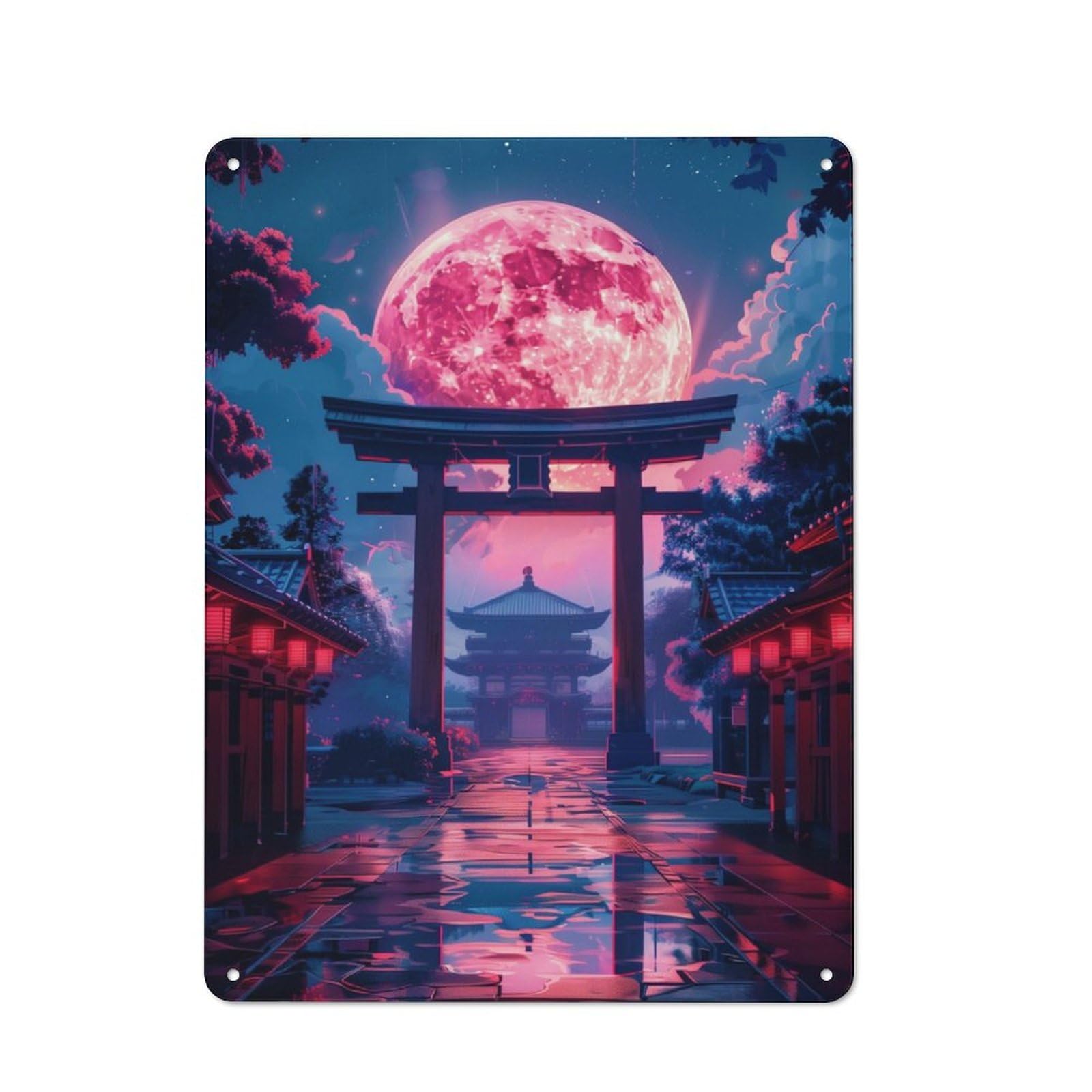 Junmoney Torii Gate Moonlit Vintage Tin Sign 40X30cm With For Man Cave Or Games Room, Suited To Wall Displays In Games Rooms And Man Caves