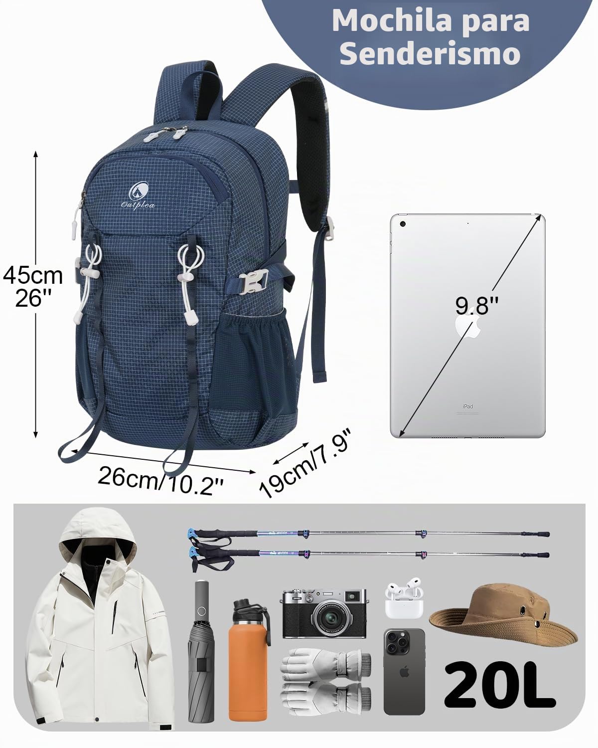Mochila Senderismo Impermeable 20L, Mochila Montaña Pequeña Hombre, Ligera para Viaje Camping Moto, Azul