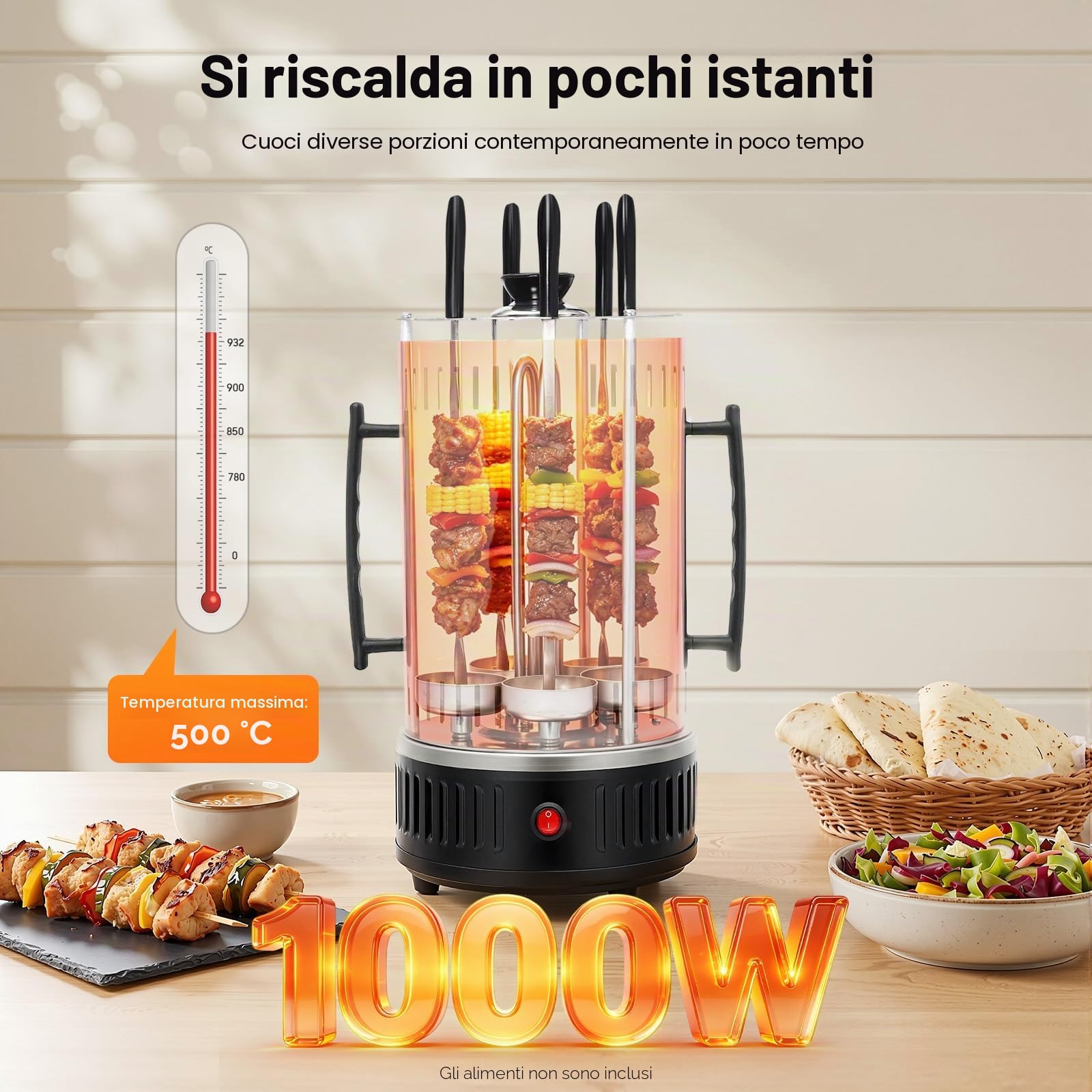 Griglia elettrica verticale, griglia verticale per girarrosto elettrico, con 5 spiedini, 5 vaschette raccogli grassi, per kebab, shawarma, girarrosto, 20 x 37,5 cm