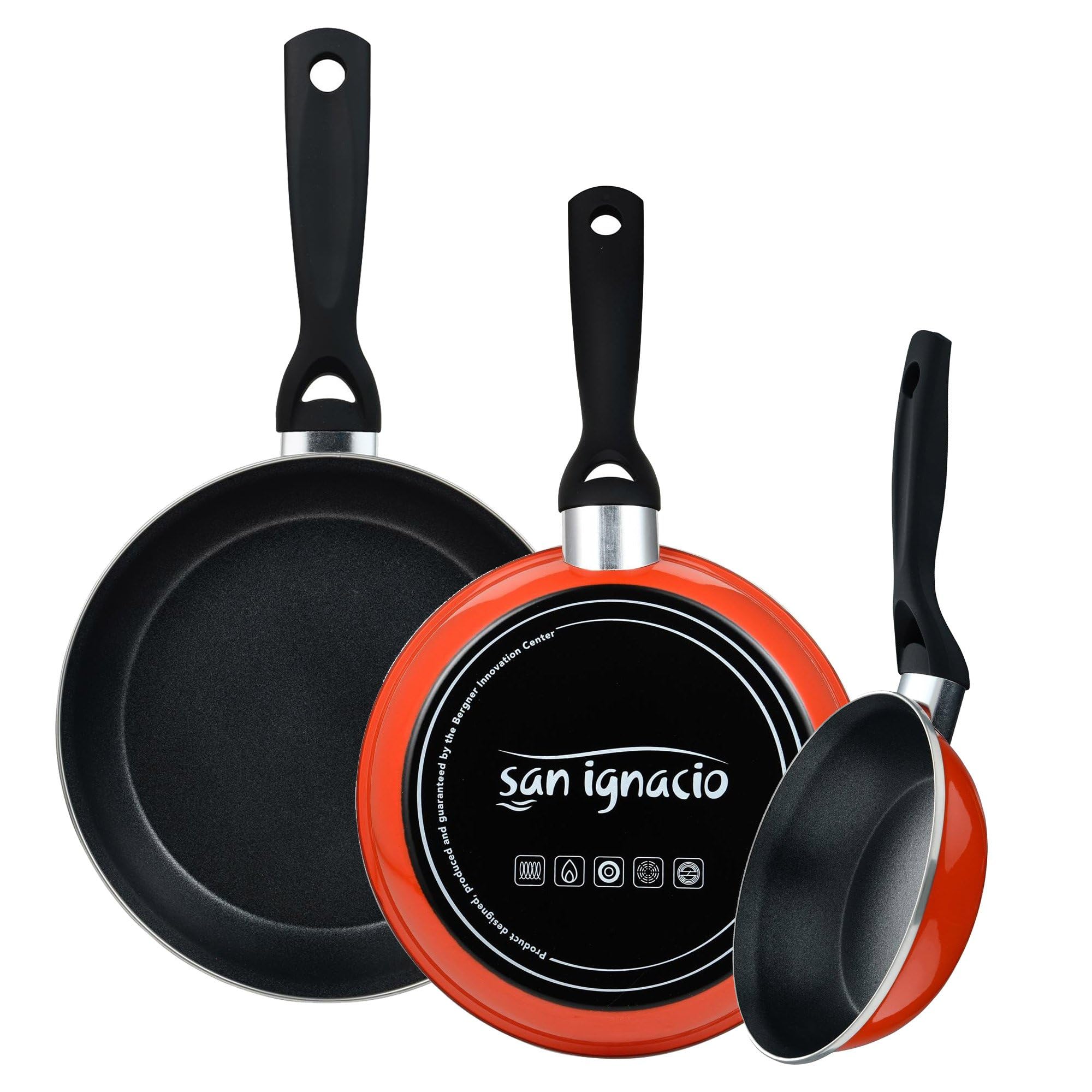 Juego de Sartenes Expert Valencia: Juego de 3 sartenes de Ø18Ø20Ø24cm en Acero al carbono color Naranja antiadherente y resistente EXPERT VALENCIA San Ignacio