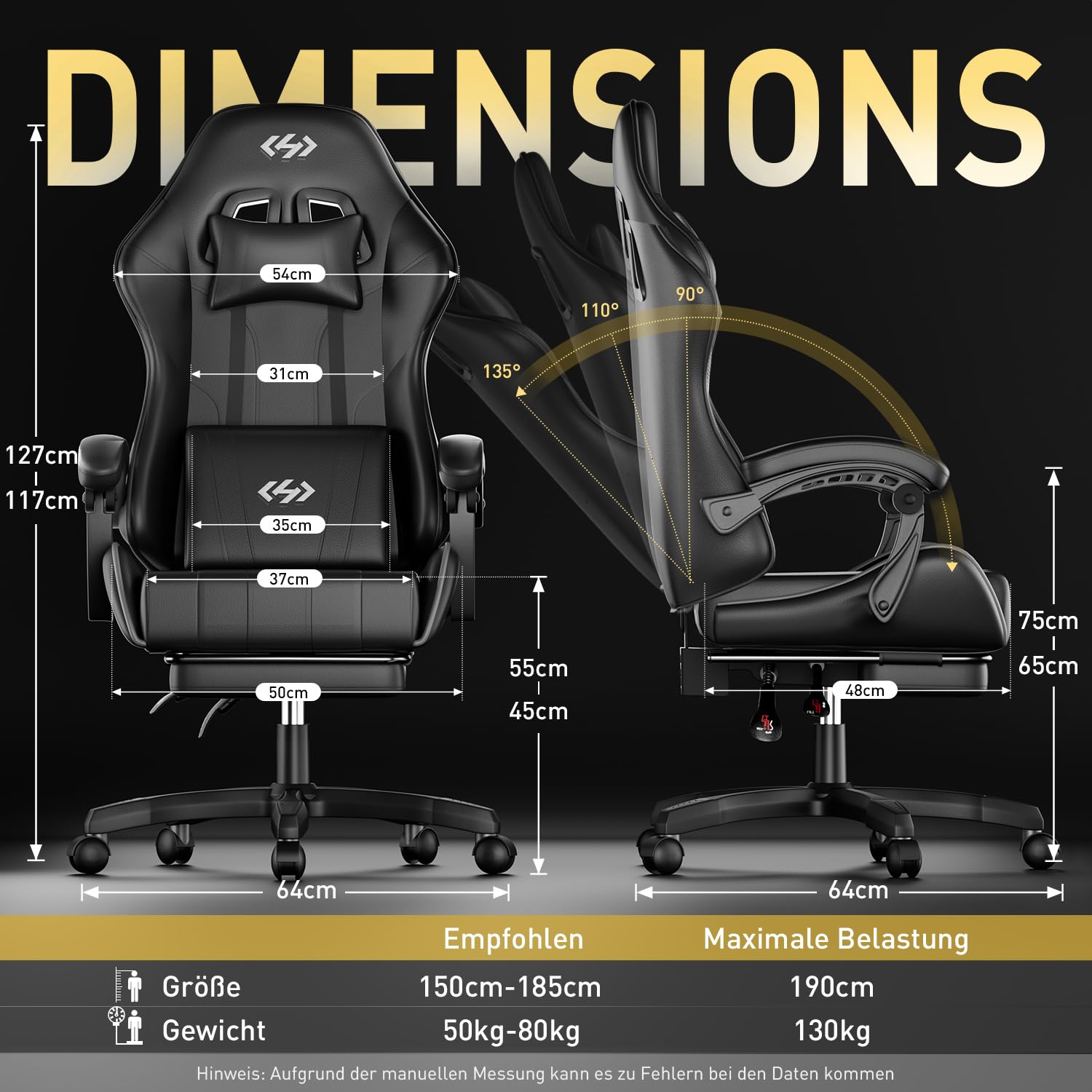 HLONONE Gaming Stuhl, Ergonomisch Gamer Stuhl mit Kopfstütze & Lendenkissen, Verstellbarer Gaming Chair mit Fußstütze & Linkage-Armlehnen, Gepolstert PC Stuhl Computerstuhl, Schwarz