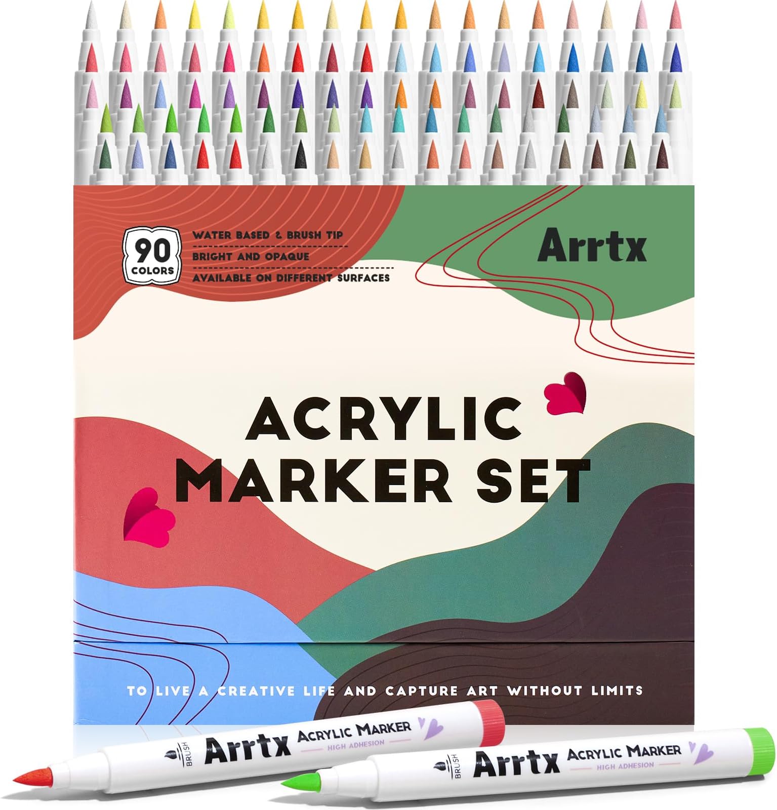 Acrylic Markers 90 Colors, Premium Brush Tip Acrylic Paint Pens, Water Based Ink, No Toxic, Water Resistant Paint Markers for Rock Painting Wood Stone Glass Fabric DIY Project
