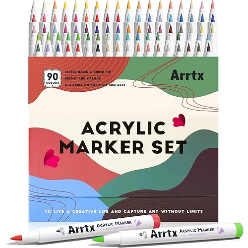Arrtx Acrylic Markers 90 Colors, Premium Brush Tip Acrylic Paint Pens, Water Based Ink, No Toxic, Water Resistant Paint Markers for Rock Painting Wood Stone Glass Fabric DIY Project - Basic Series 90A