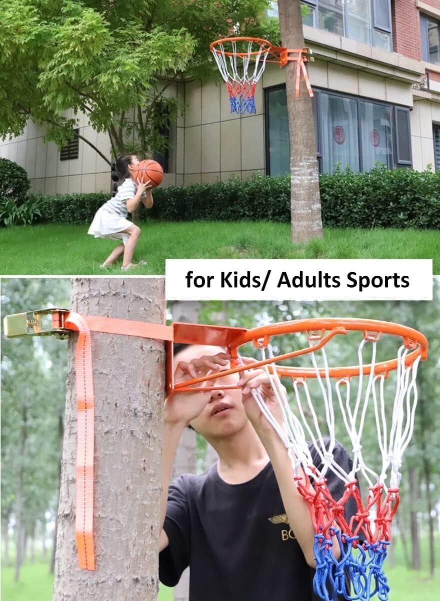 Basketball Rim, Basketball Rim Outdoor Pole/Wall Mount, Basketball Hoop Adjustable Height for Kids, Teens and Adults, Tree Park/Deck/Garden Patio Basketball Court with Double Strap