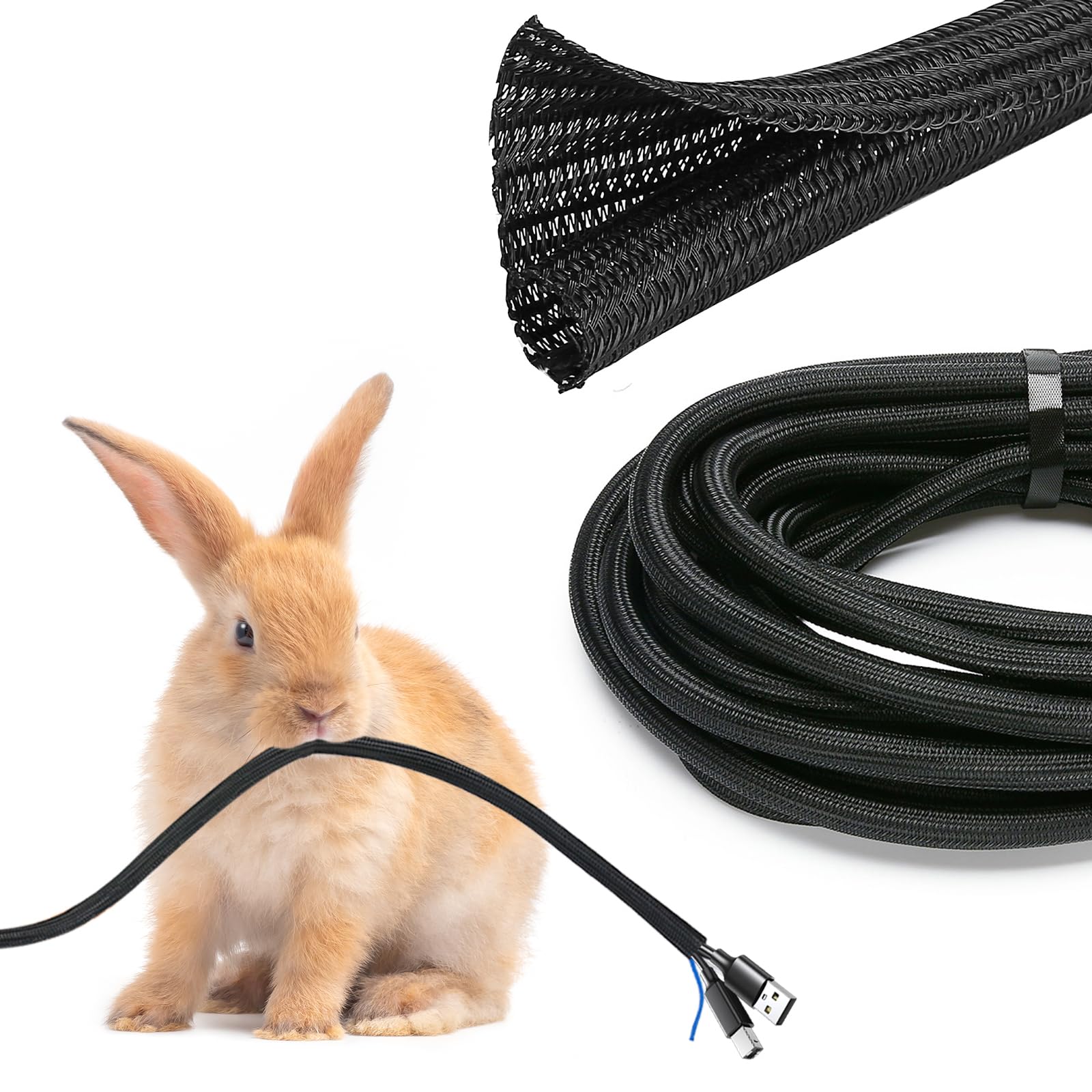 10ft - 1/2 inch Cord Protector Wire Loom Tubing Cable Sleeve, Braided Cable Sleeve Split Sleeving Cord Management System for TV Computer Home Theater Office, Protect Pet From Chewing Cords –Black