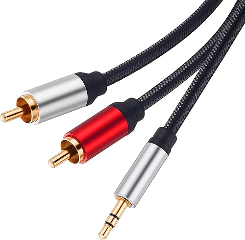 Miniatura 2 de Cable RCA de 25 pies, 0.138 in macho a 2RCA macho, cable adaptador de audio estéreo de nailon trenzado, cable AUX RCA Y para teléfonos inteligentes,
