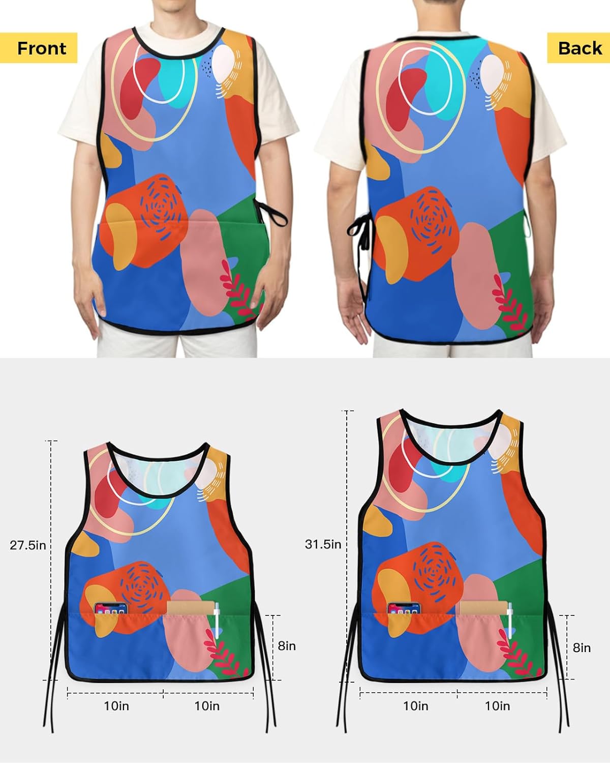 Black Cobbler Aprons with 2 Pockets for Women Men, Traditional Chinese Geometric Tile Pattern