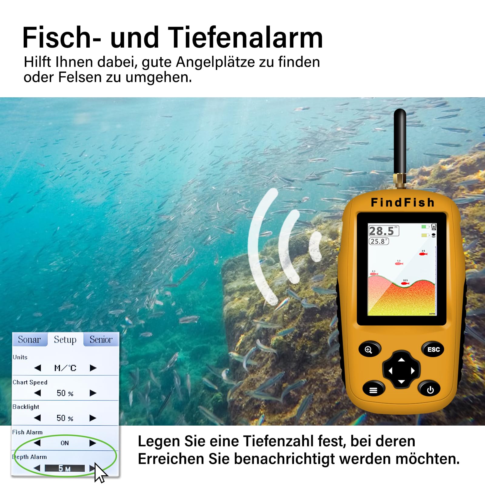 Fischfinder Wireless Fish Finder für Boote, Angeln im Kajak Echolot mit Tiefenmesser, Fischgröße, Wassertemperatur, Bodenkontur, LCD Bildschirm Schwarz/Weiß Modell