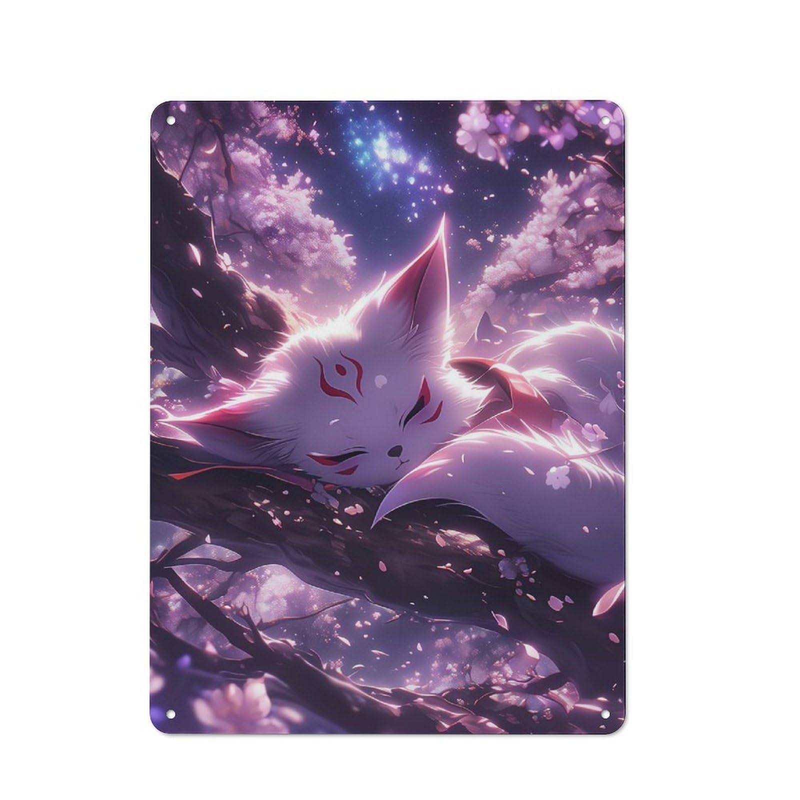 Junmoney Sleeping Kitsune In Cherry Blossoms Rustic Tin Sign 40X30cm For Man Cave Or Games Room, Housewarming Present For People Styling Man Cave And Games Room