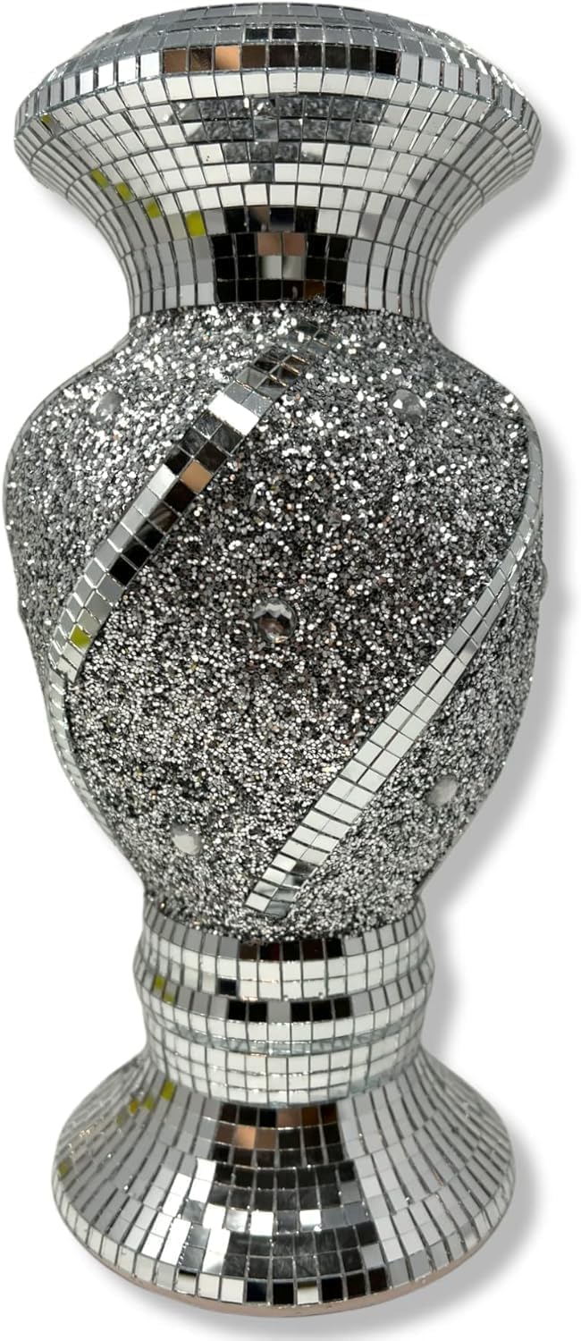 Jayogla Silver Crushed Diamond Sparkle Vase, Ceramic Floral Sculpture, 25Cm, Glittering Mirrored Centrepiece (, 30Cm.)