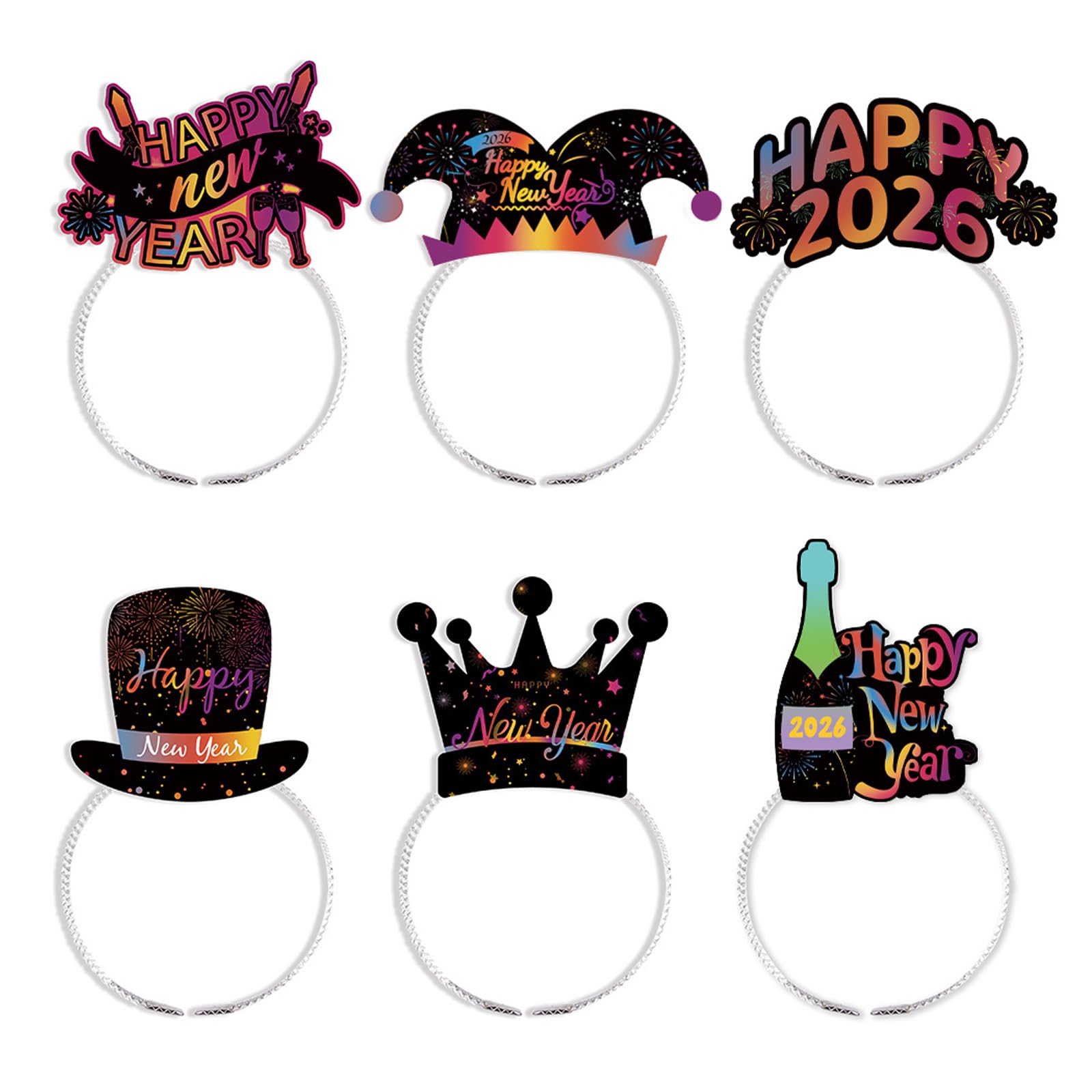 Falafoty 2026 Happy New Year Tiara Headband, 6 Pcs Headdress New Year Party Decoration, New Year Eve Costume Party Headwear Photo Props Paper Hat, New Year's Day Party Atmosphere Dress Up (Colorful)