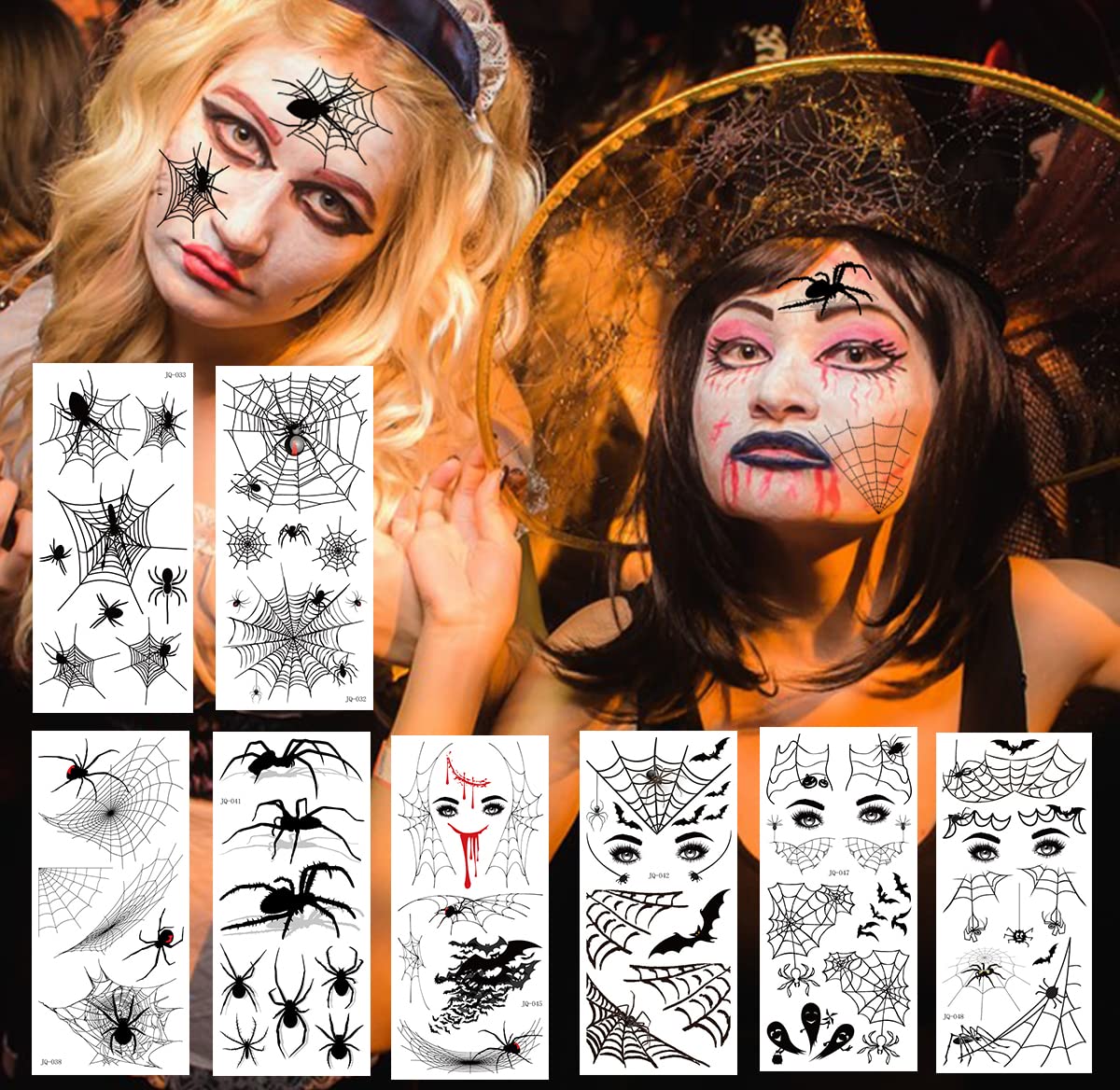 65 PCS Halloween Spider Web Face Eye Temporary Tattoos Realistic Stickers for Adults Kids, Face Shoulder Arm Back Decor for Halloween Party Costume Apparel Cosplay Accessories (9 Sheets)