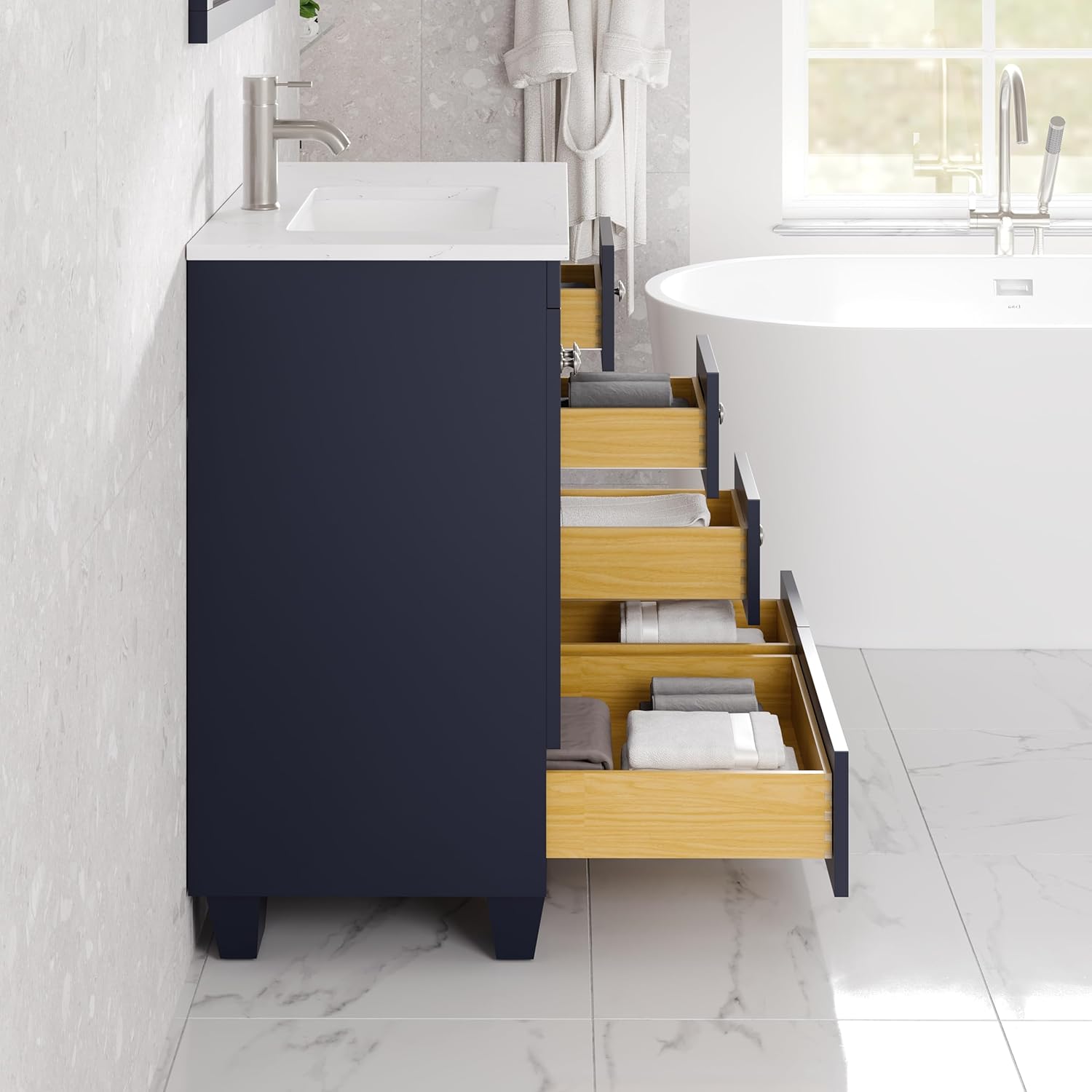 Eviva Happy 30 in. Blue Single Sink Bath Vanity with Carrara Quartz Top and Undermount Porcelain Sink