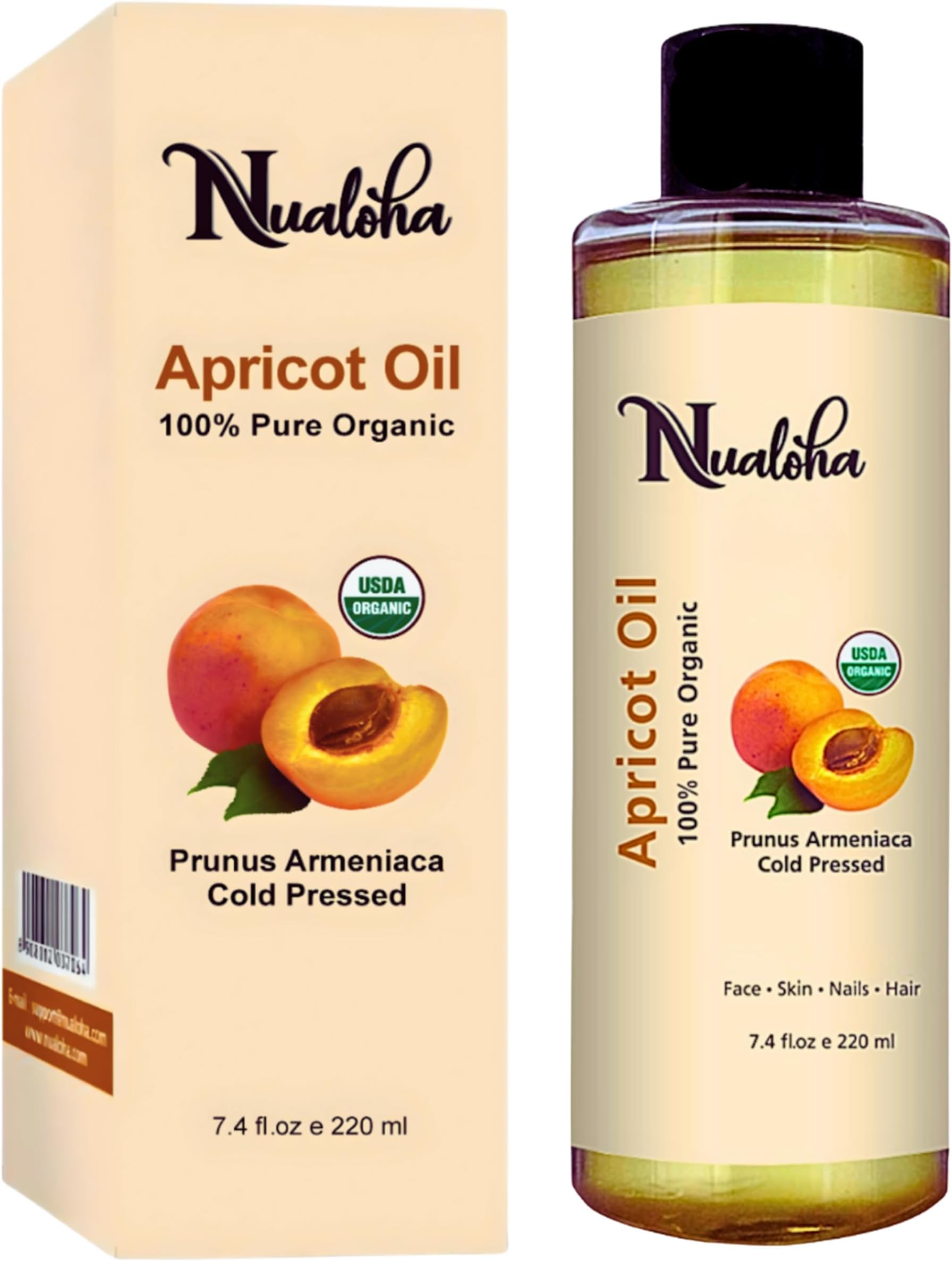 Certified Organic Apricot Oil, 220 ML - 100% Pure Cold Pressed Apricot Kernel Seed Oil For Skin, Dark Spots, Hair, Face, Nails, Body, Scalp and Anti Aging Moisturizer.