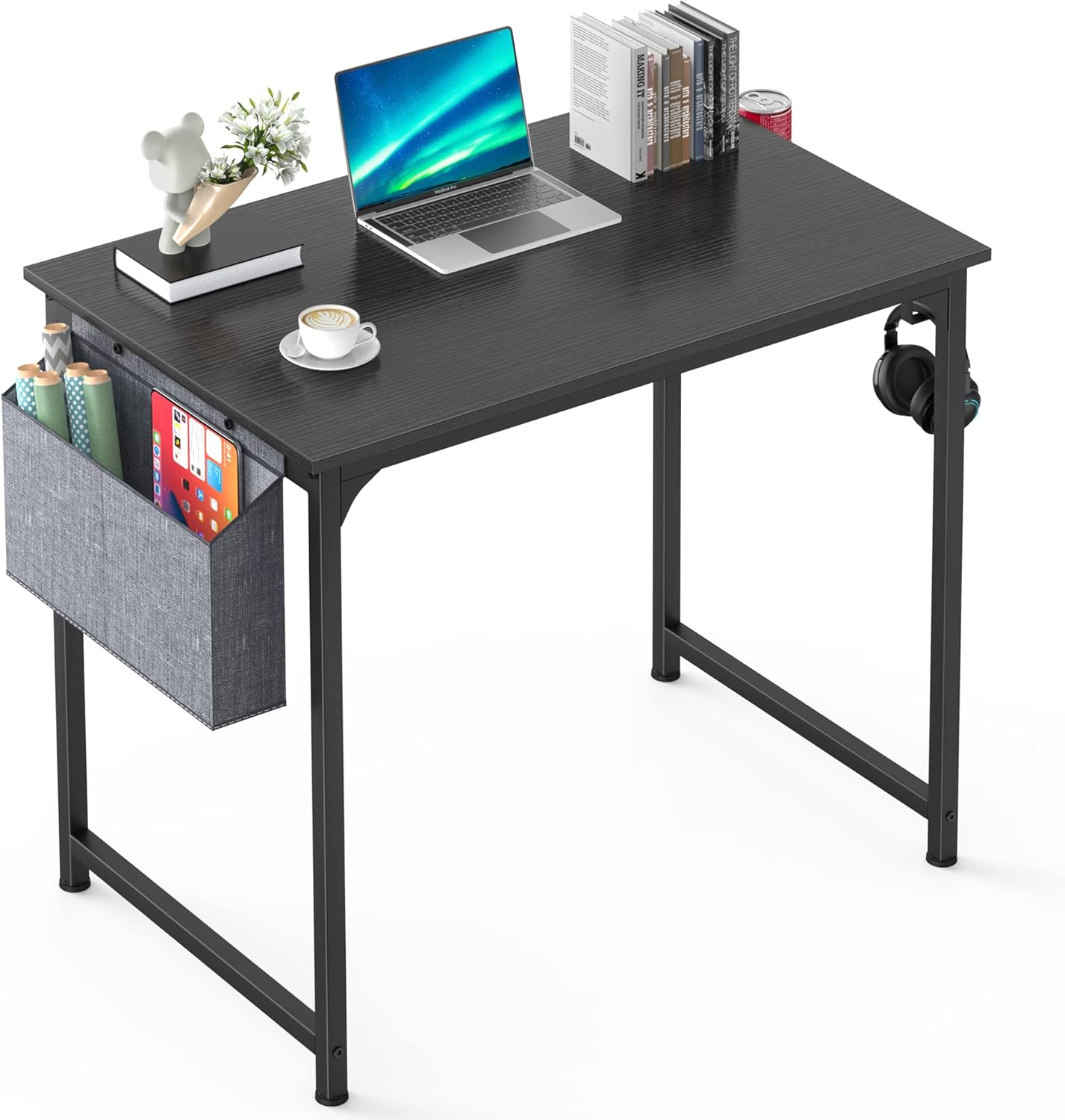 Mr IRONSTONE Computer Desk 31" Small Home Office Desk, Writing Desk, Study Table with Storage Bag, Cup Holder and Headphone Hook (Stylish Black) : Home & Kitchen