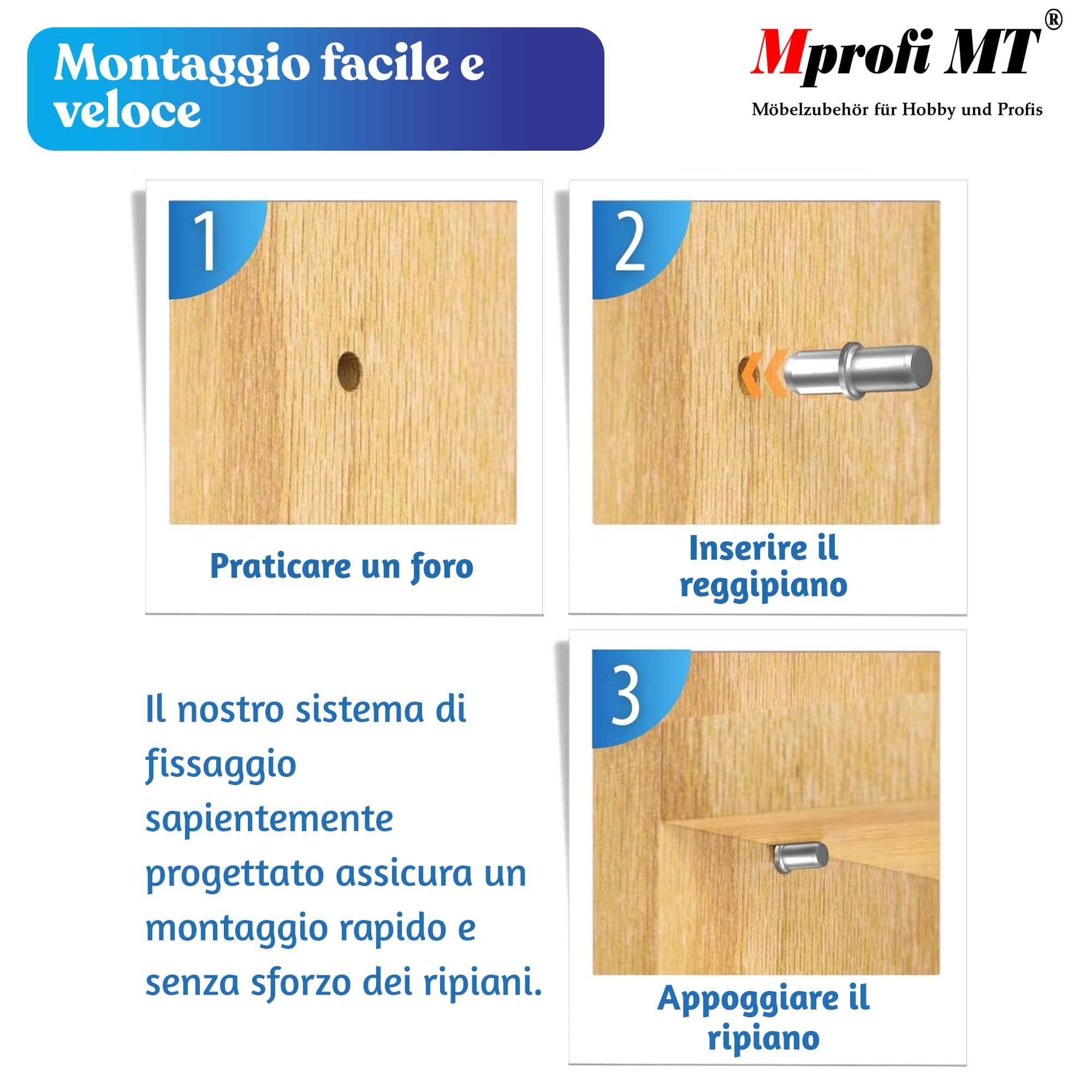 Mprofi MT® 200 Pezzi | Perni di Supporto per Ripiani Ø5mm | Reggimensola con Anello in Acciaio Zincato per Armadi, Mobili e Scaffali | Supporti per Mensole e Ripiani in Legno