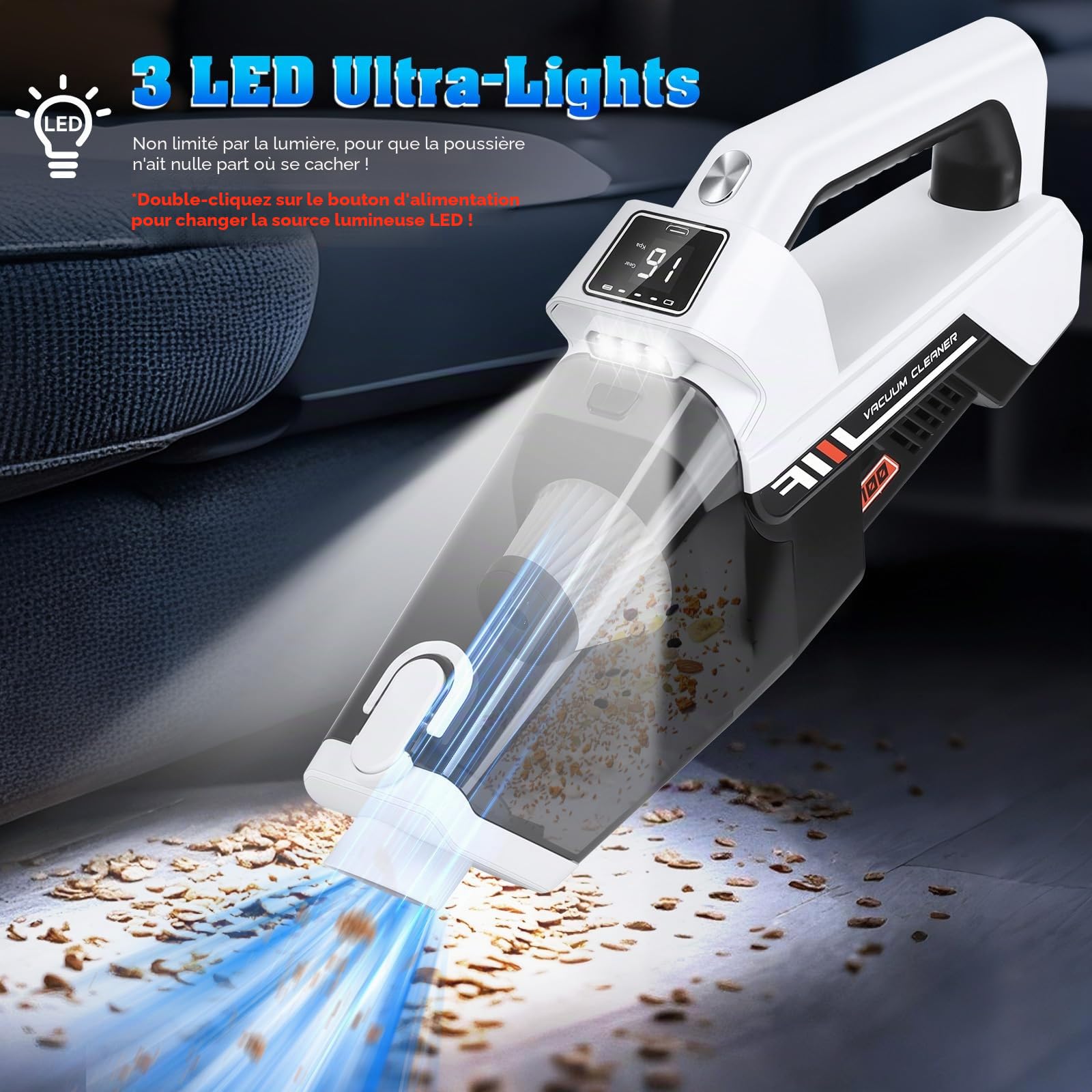 Aspirateur Voiture, 3-en-1 Aspirateur Portable Sans, 16000PA Forte Aspiration，Type-C Charge, Filtre HEPA Lavable, Petit Aspirateur Pour La Voiture, La Maison, Le Bureau, Les Résidus De Nourriture