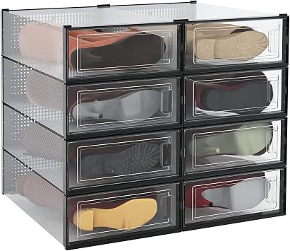 8-Piece Boot and Shoe Storage Box, Stackable Clear Plastic Shoe Box, Space-Saving Shoe Organizer for Boots, Sneakers, and High Heels, Black