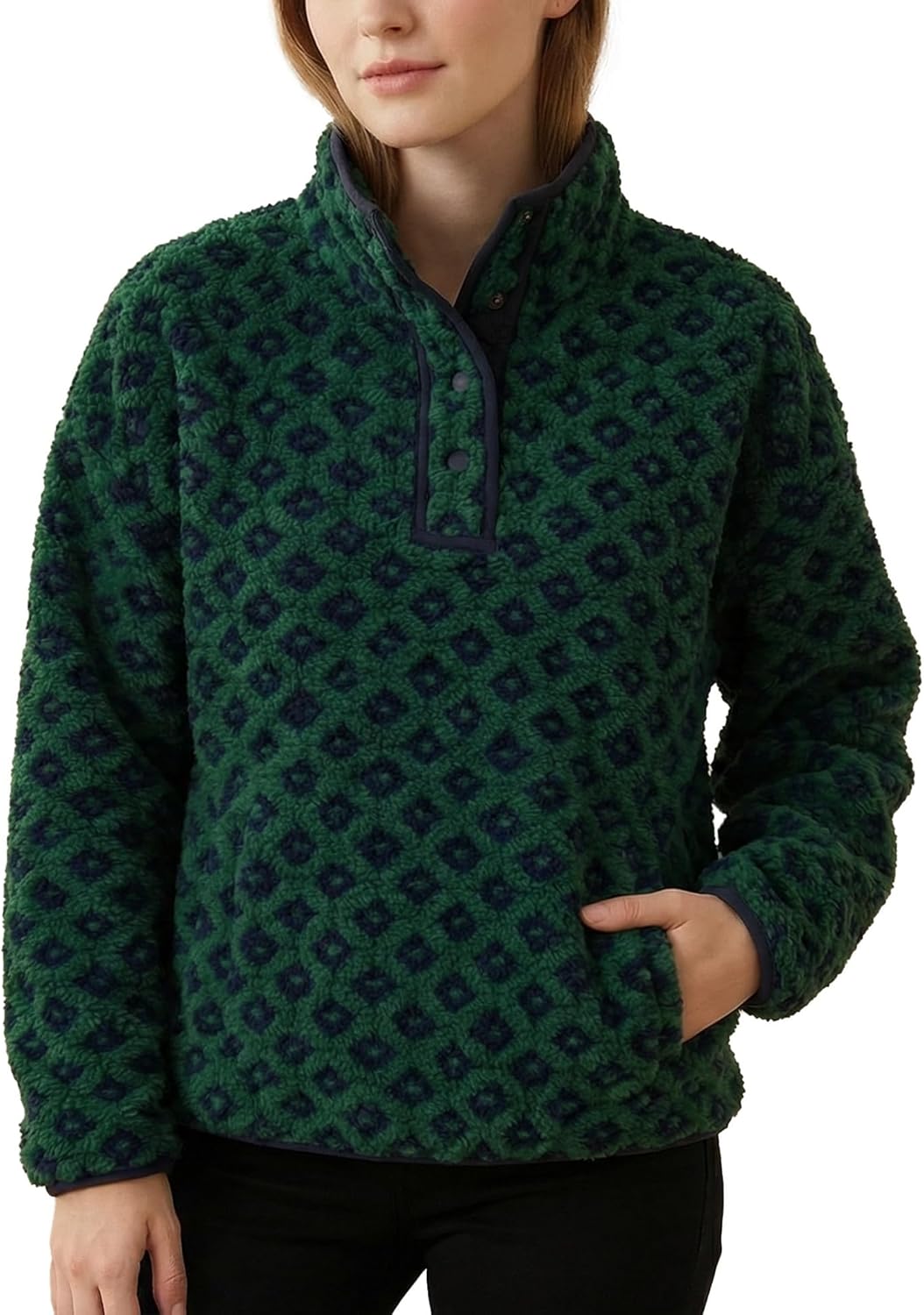 Checkered Fleece Sweatshirt for Women Long Sleeve High Neck Fuzzy Sherpa Hoodie Winter Plaid Pullover Top with Pocket