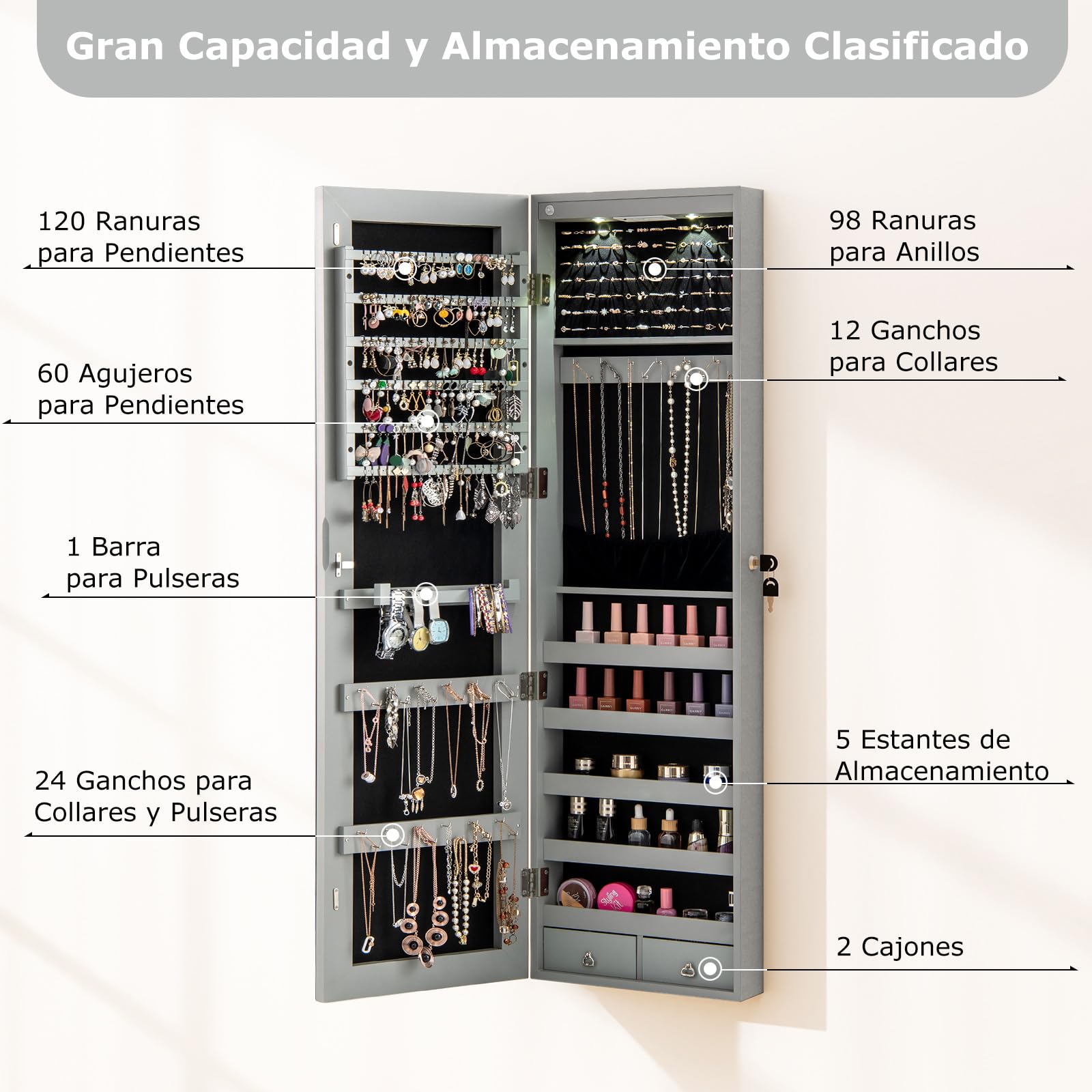 COSTWAY LED Armario con Espejo Joya Organizador de Puerta o Pared con Llave Gris