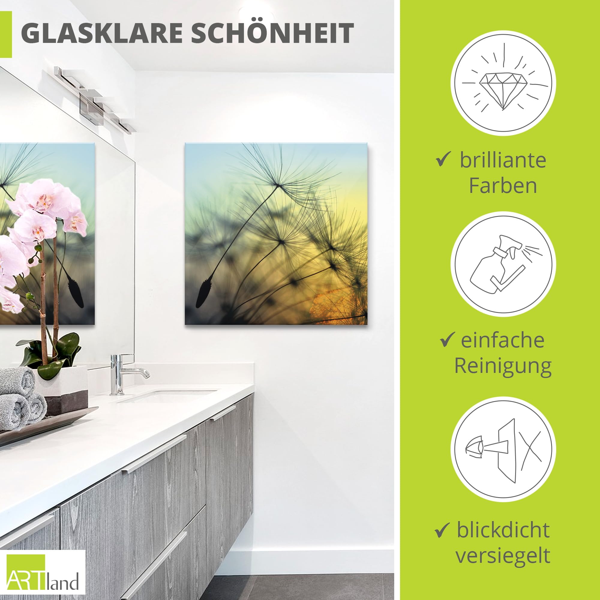 ARTland Wanddeko Glasbilder Wandbild Glas Bild einteilig 40x40 cm Quadratisch Natur Blumen Pusteblume Sonnenuntergang Himmel Moderne Kunst T5XL