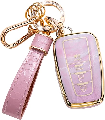 Miniatura 1 de CARFRULTER Funda para llavero Toyota con cordón para llavero, carcasa de protección rosa compatible con Toyota Camry RAV4 Avalon C-HR Prius Corolla