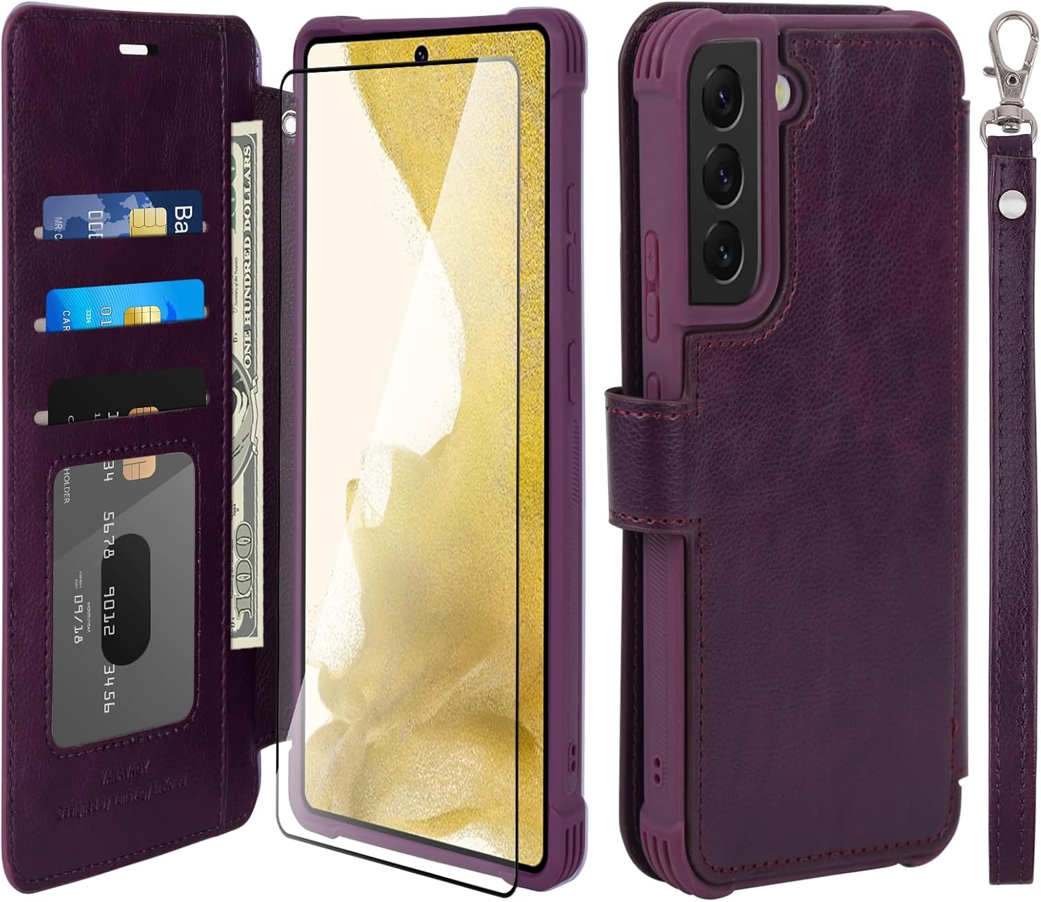 VANAVAGY Compatible for Galaxy S22+ Plus Wallet Case for Women Men, PU Leather Flip Cover with Wrist Strap for Wireless Charging with RFID Blocking Card Holder Screen Protector,Purple
