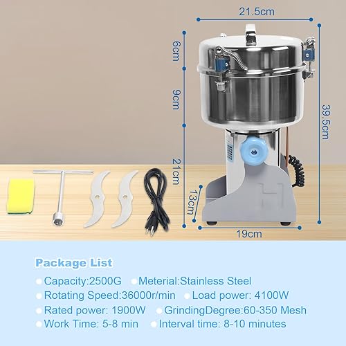 Miniatura 6 de Molino de grano, molino eléctrico de granos, molino de especias comercial de 88.18 oz, molino de harina, pulverizador de acero inoxidable, molinillo
