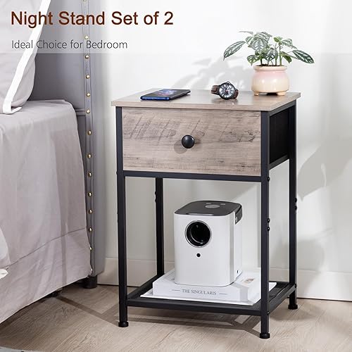 Miniatura 4 de AMHANCIBLE Nightstands Set of 2 End Tables Living Room with Drawer Industrial Side Tables with Storage Shelf Night Stands for Bedroom Wood Metal