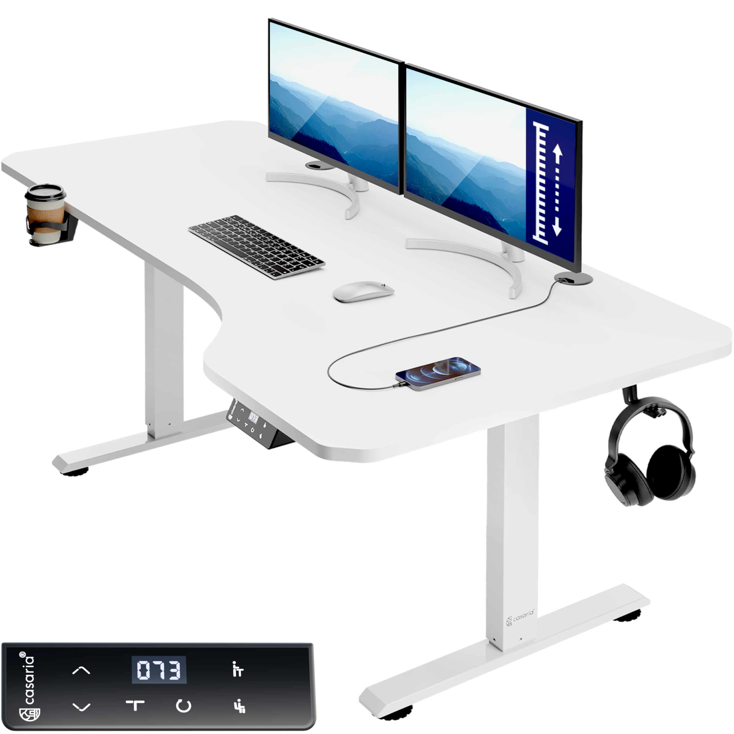CASARIA® Escritorio Ajustable en Altura Acero Función Memoria 160x75cm Pantalla LCD Mesa Gaming Ergonómica Oficina