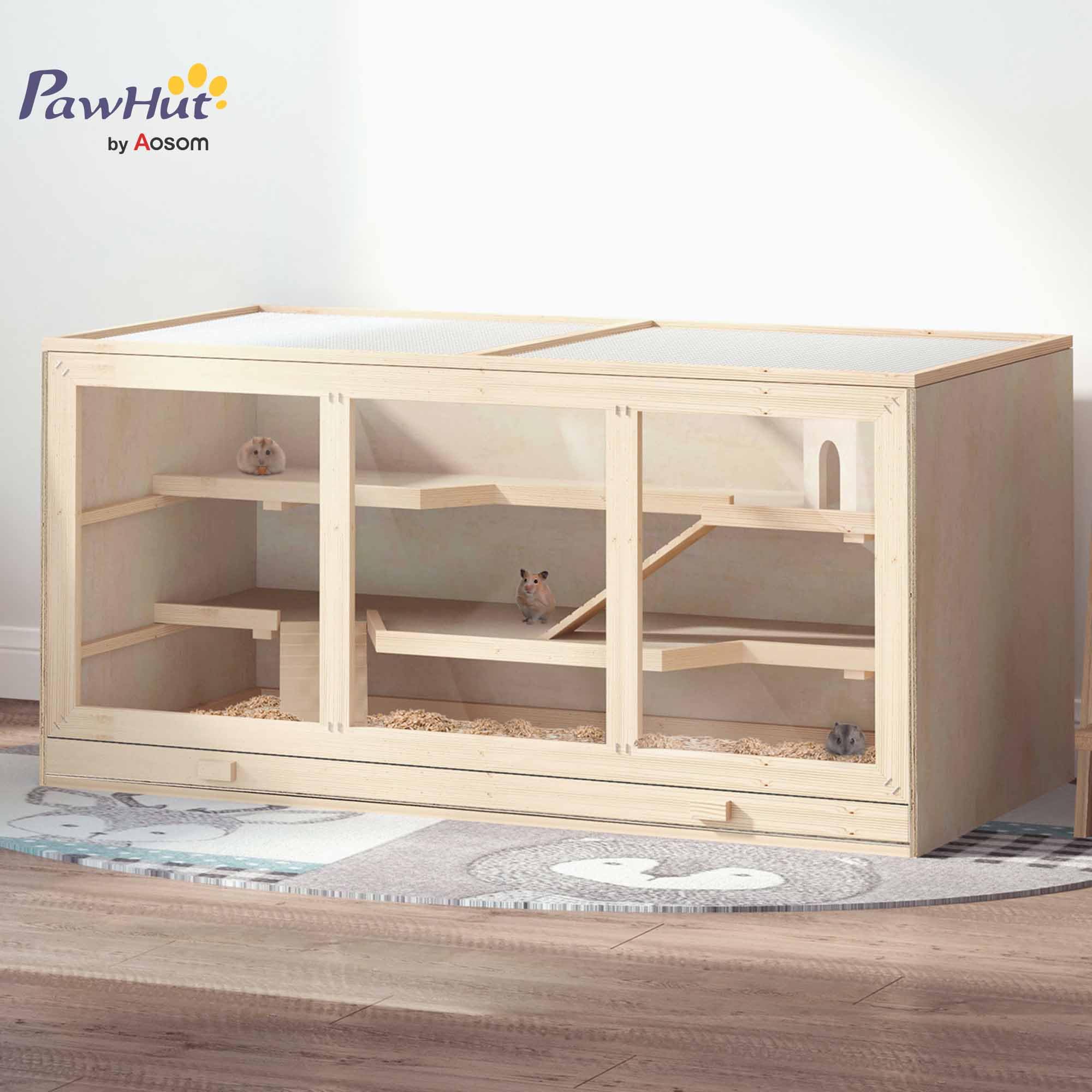 PawHut Gabbia per criceto a 2 livelli, Gabbia gerbilli con tetto apribile, finestre, capanna, habitat per piccoli roditori, 2 scale e vassoio scorrevole, 115 x 57 x 55 cm, effetto legno naturale